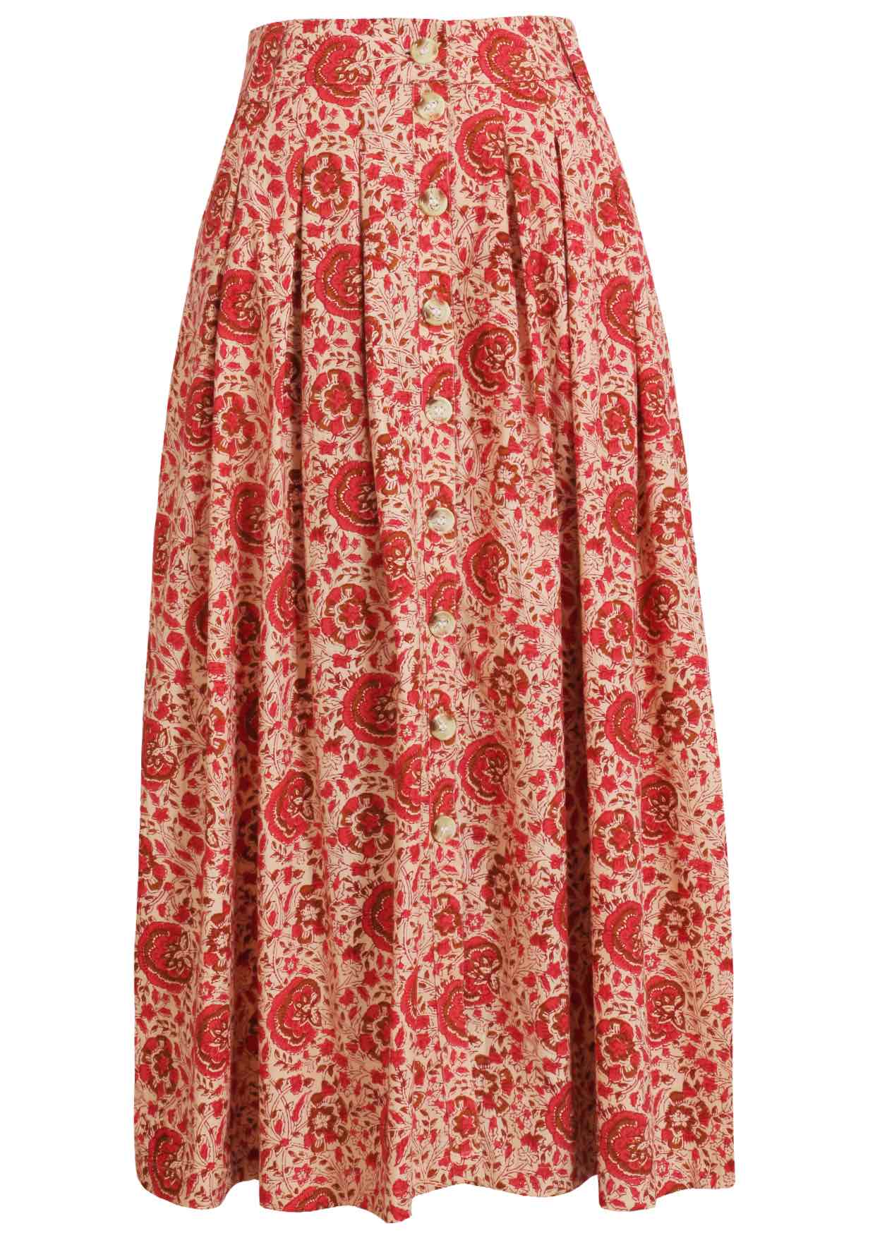 100% cotton knee length button through skirt with box pleats and belt loops in cream based floral print