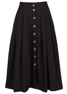 100% cotton plain black long button through skirt with box pleats, belt loops and pockets