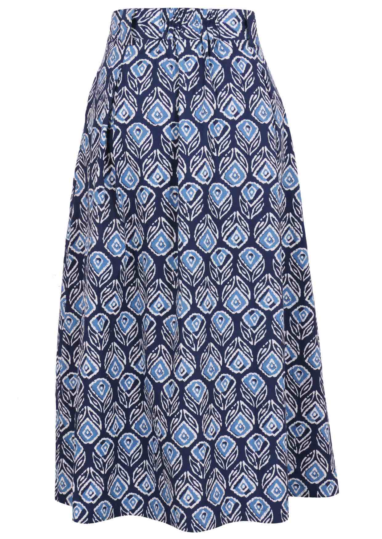 Floral printed knee length cotton skirt with belt loops and elastic at back of the waist