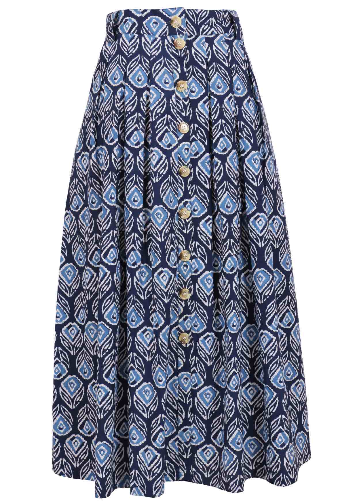 100% cotton knee length button through skirt with box pleats and belt loops in navy blue based floral print