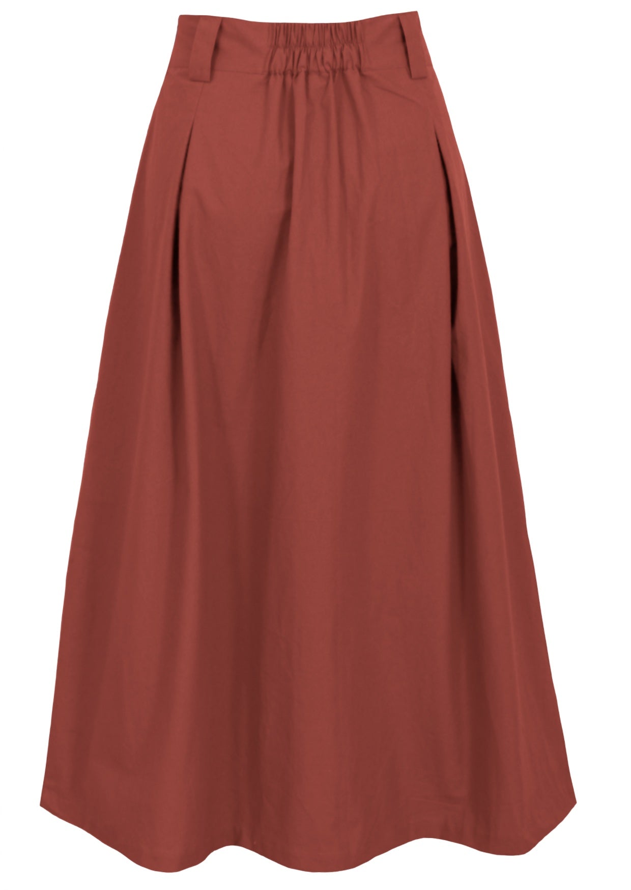 Plain rust cotton button through skirt with box pleats, belt loops and elastic at back waist