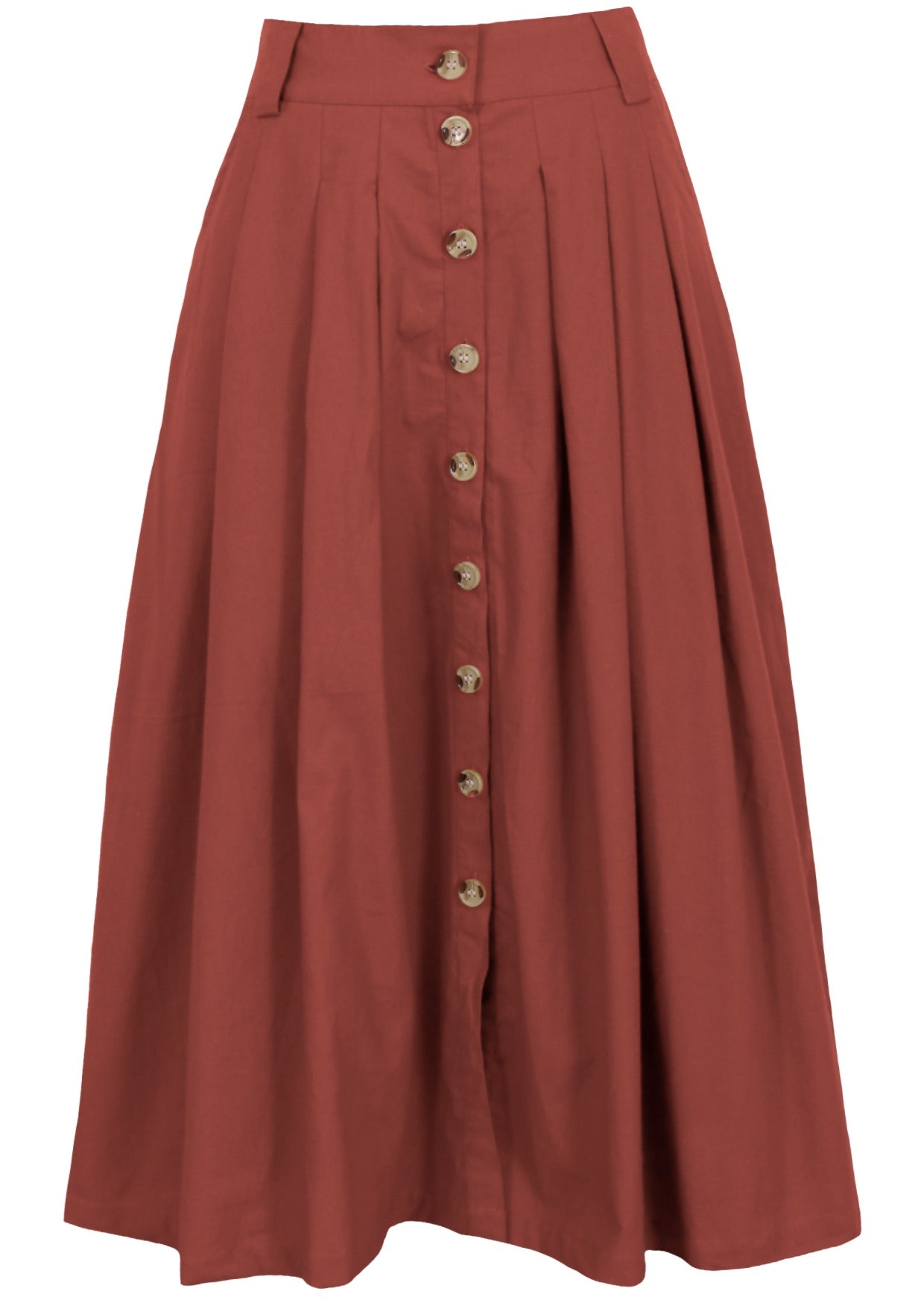 Button through plain cotton skirt in rust with belt loops, pockets and box pleats