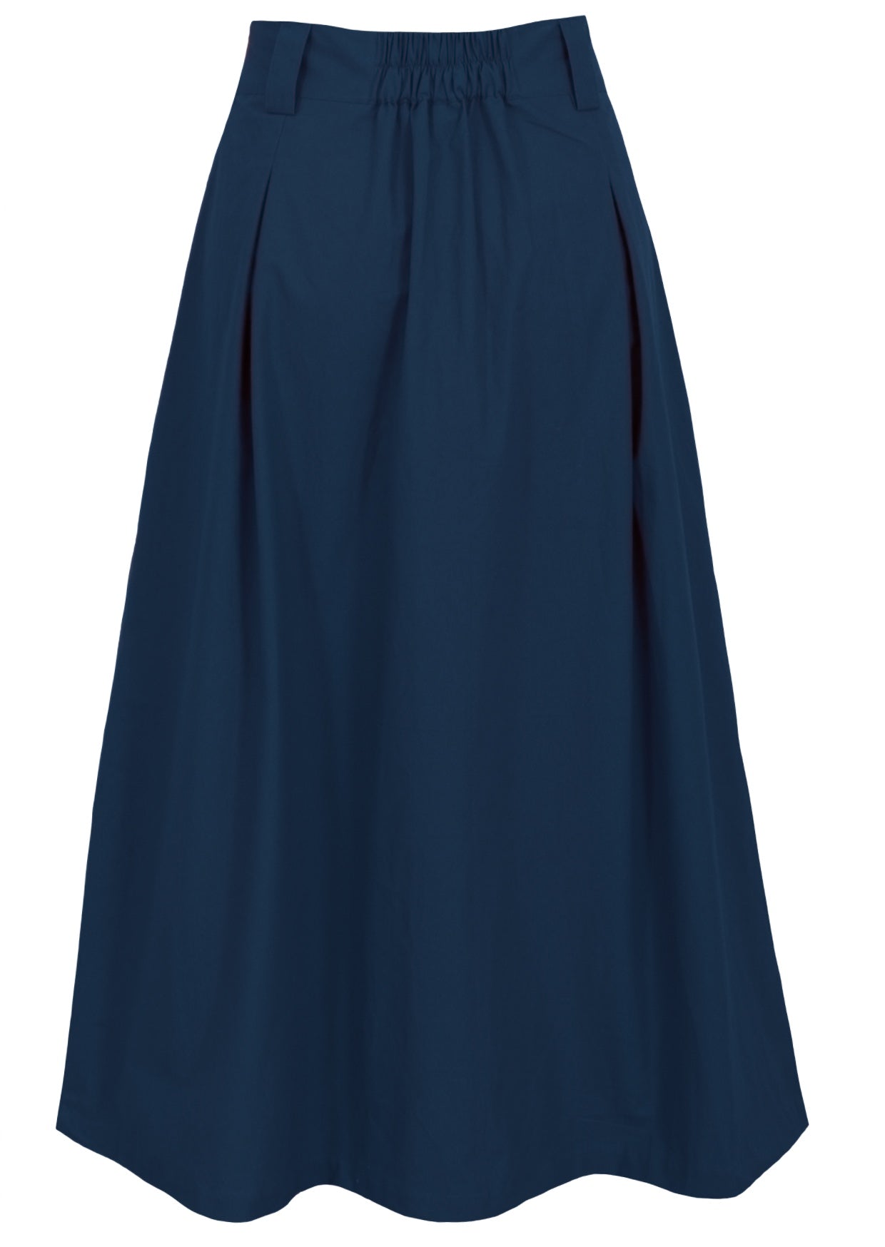 100% cotton tailored long skirt in deep blue with elastic back waist, belt loops and box pleats