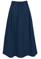 100% cotton tailored long skirt in deep blue with elastic back waist, belt loops and box pleats