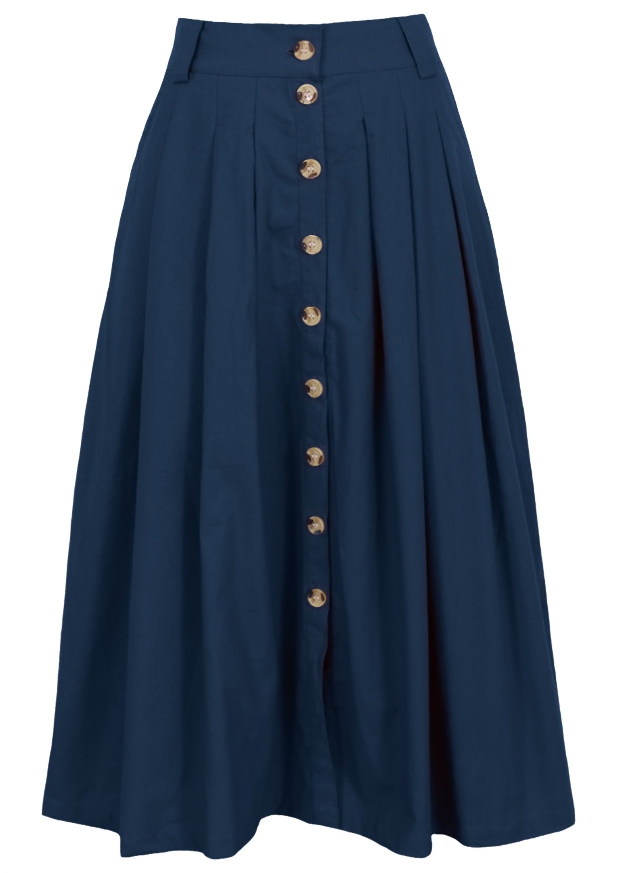 100% cotton long button through skirt in deep sea blue with belt loops, box pleats and pockets