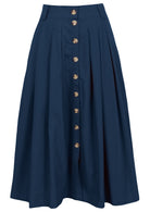 100% cotton long button through skirt in deep sea blue with belt loops, box pleats and pockets