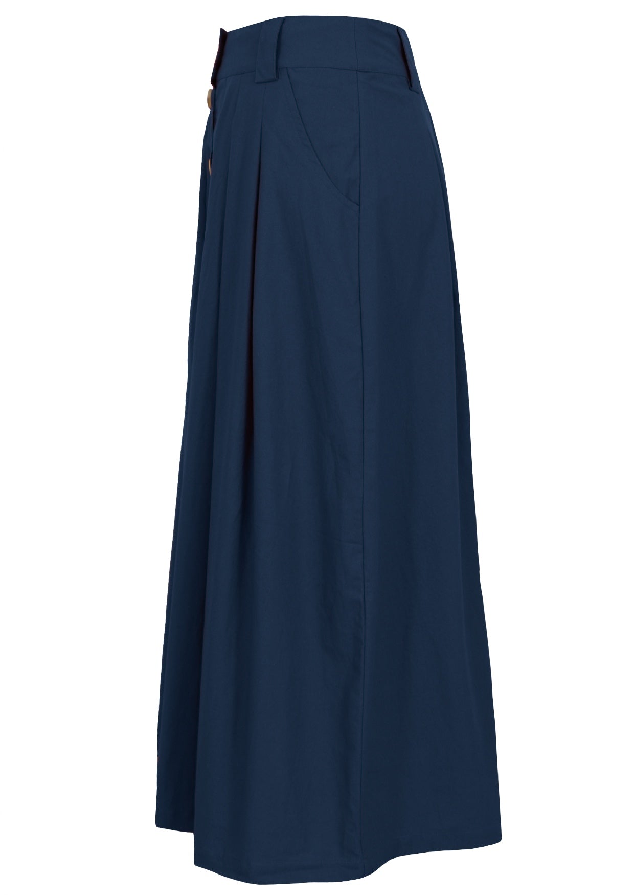 Side view of ankle length cotton skirt in dark blue with belt loops, pockets and box pleats in front and back