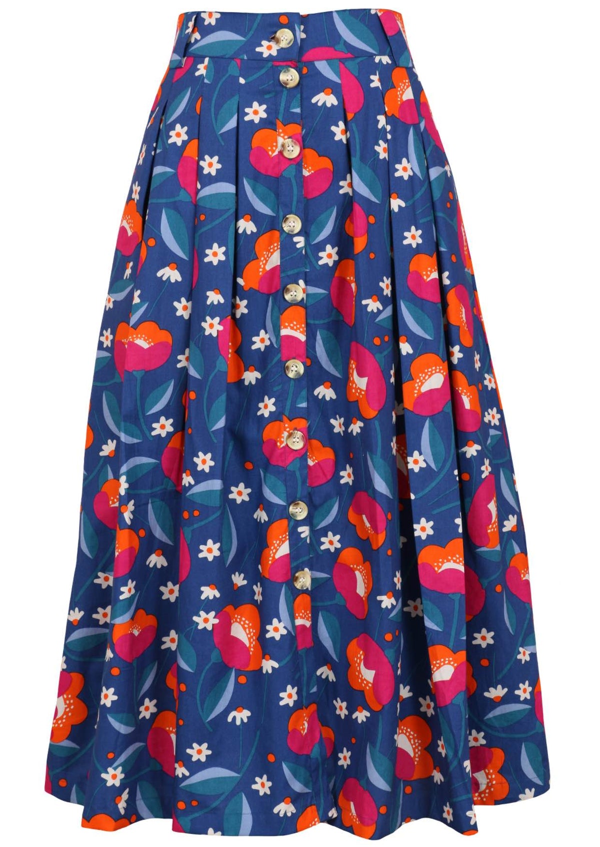 100% cotton knee length button through skirt with box pleats and belt loops in royal blue based floral print