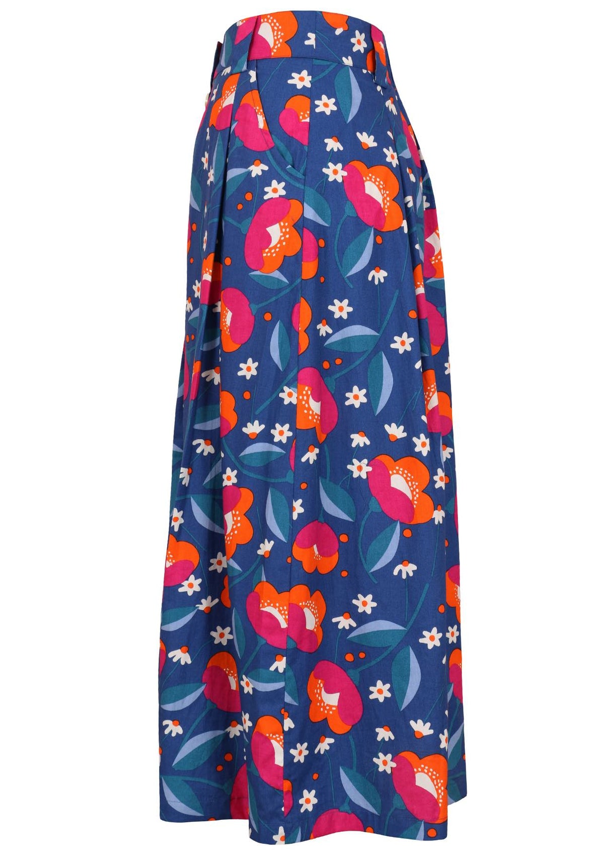 Knee length button cotton skirt with box pleats, pockets and belt loops