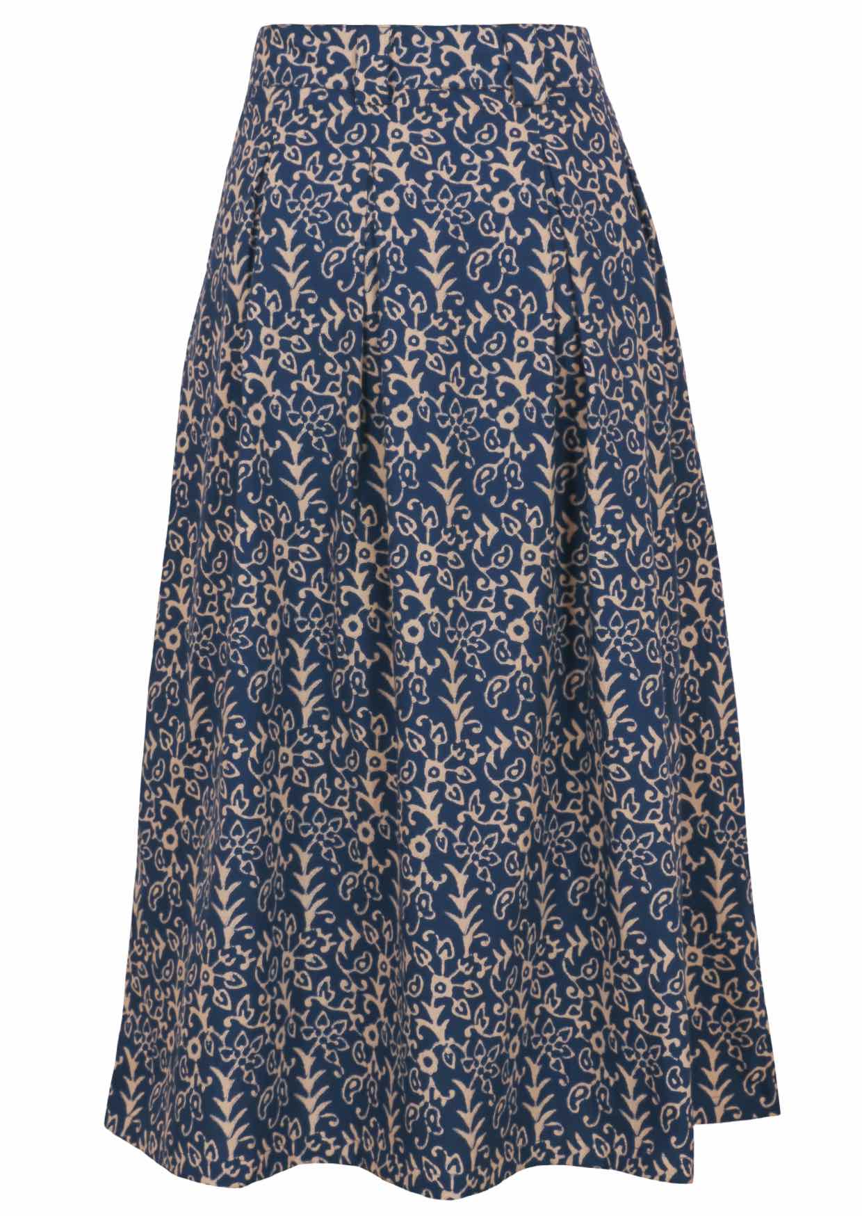 Back mannequin photo of blue based floral print cotton midi length skirt with box pleats and belt loops