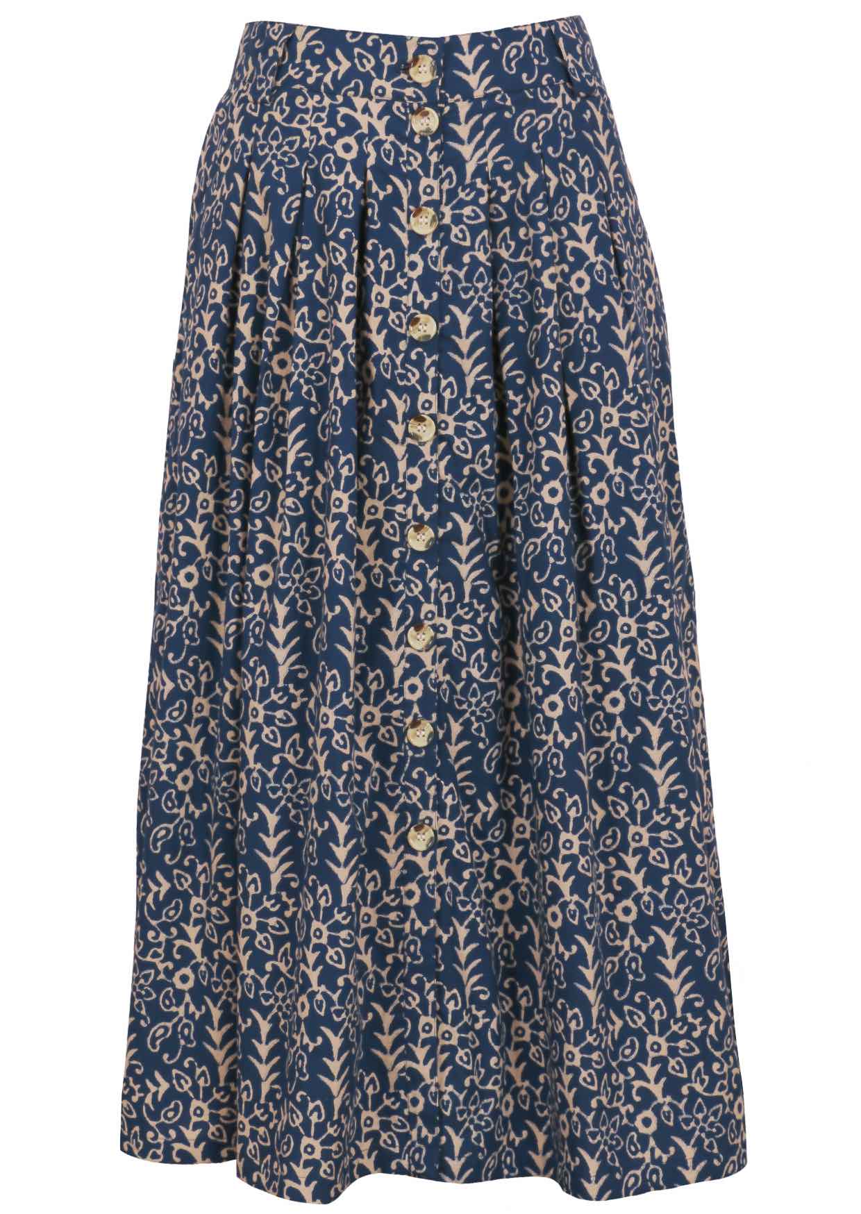 Front mannequin photo of blue cotton midi length button through skirt with box pleats, belt loops and pockets