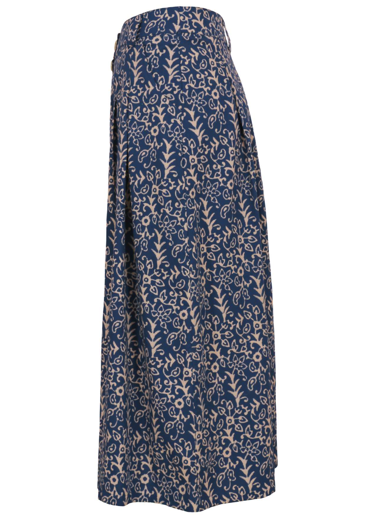Side mannequin photo of blue cotton midi length button through skirt with box pleats, belt loops and pockets