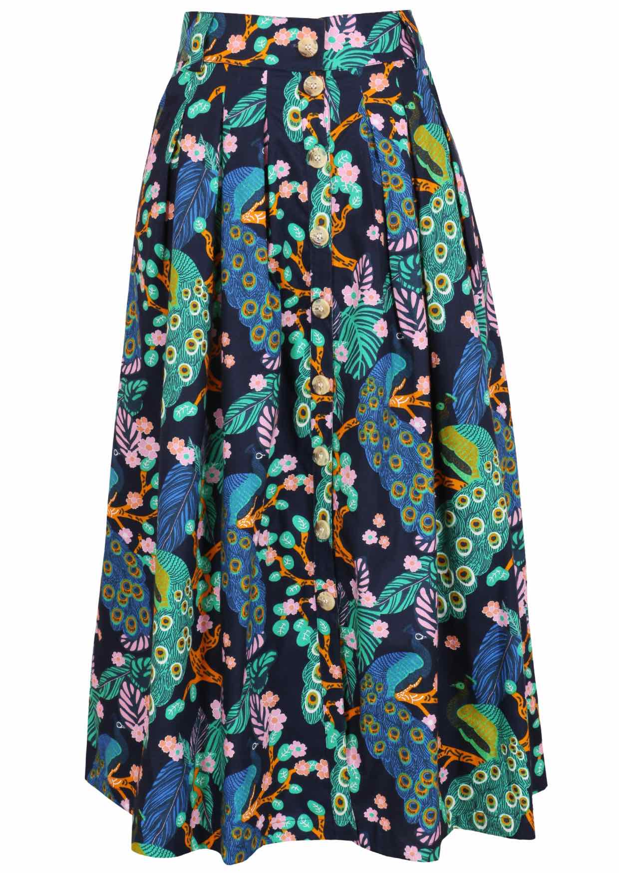 100% cotton mid-length button through skirt with box pleats and belt loops in navy blue based floral peacock print