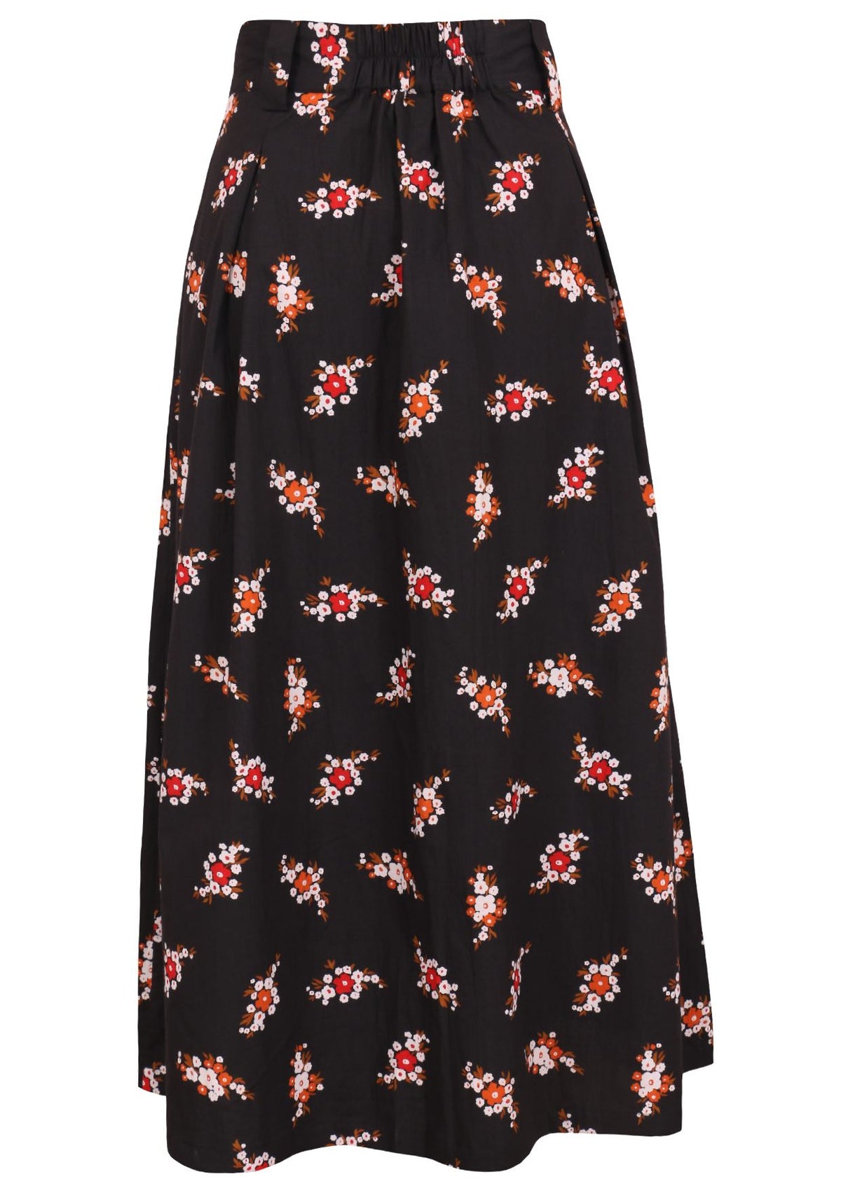 Floral printed knee length cotton skirt with belt loops and elastic at back of the waist