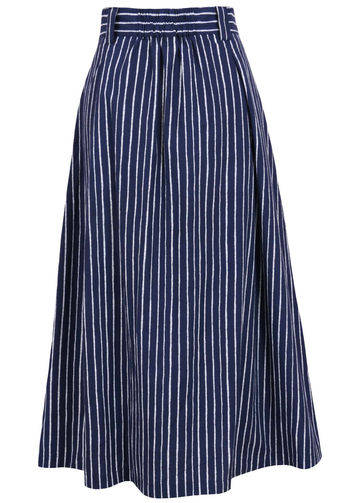 Striped printed knee length cotton skirt with belt loops and elastic at back of the waist