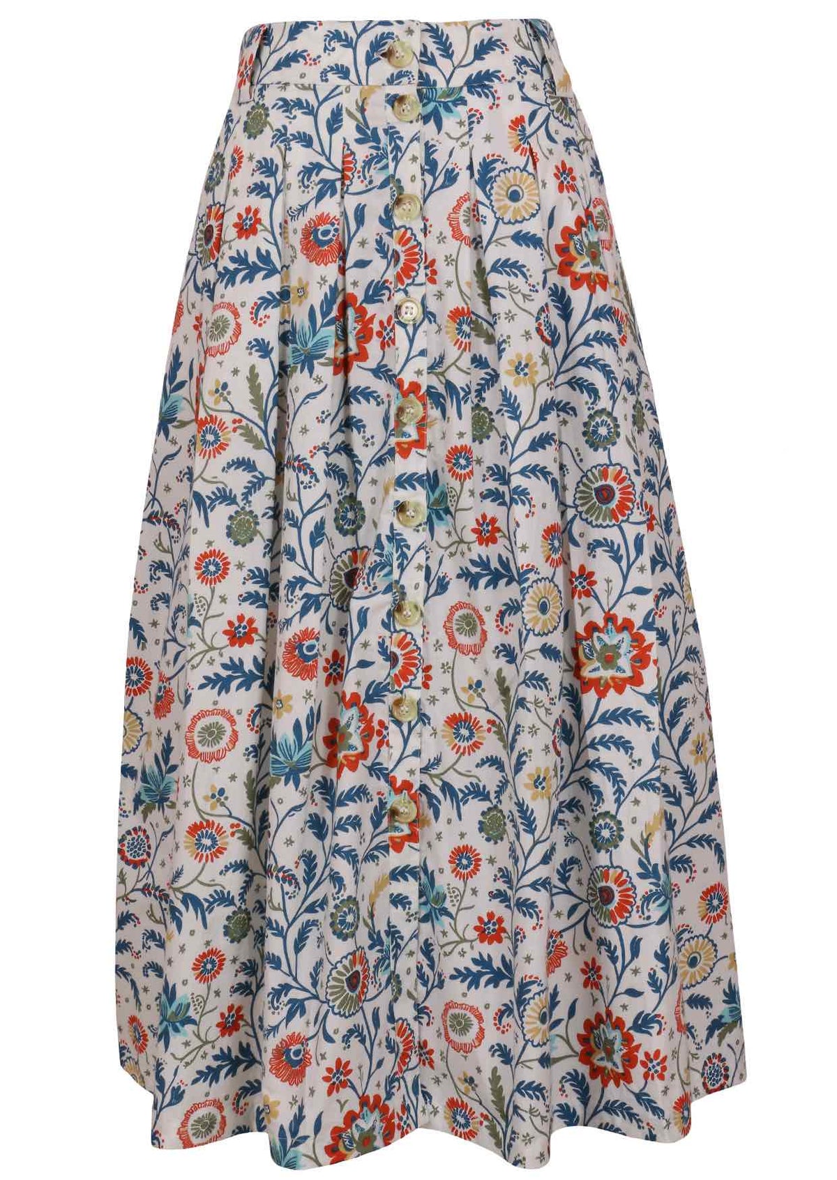 100% cotton knee length button through skirt with box pleats and belt loops in white based floral print