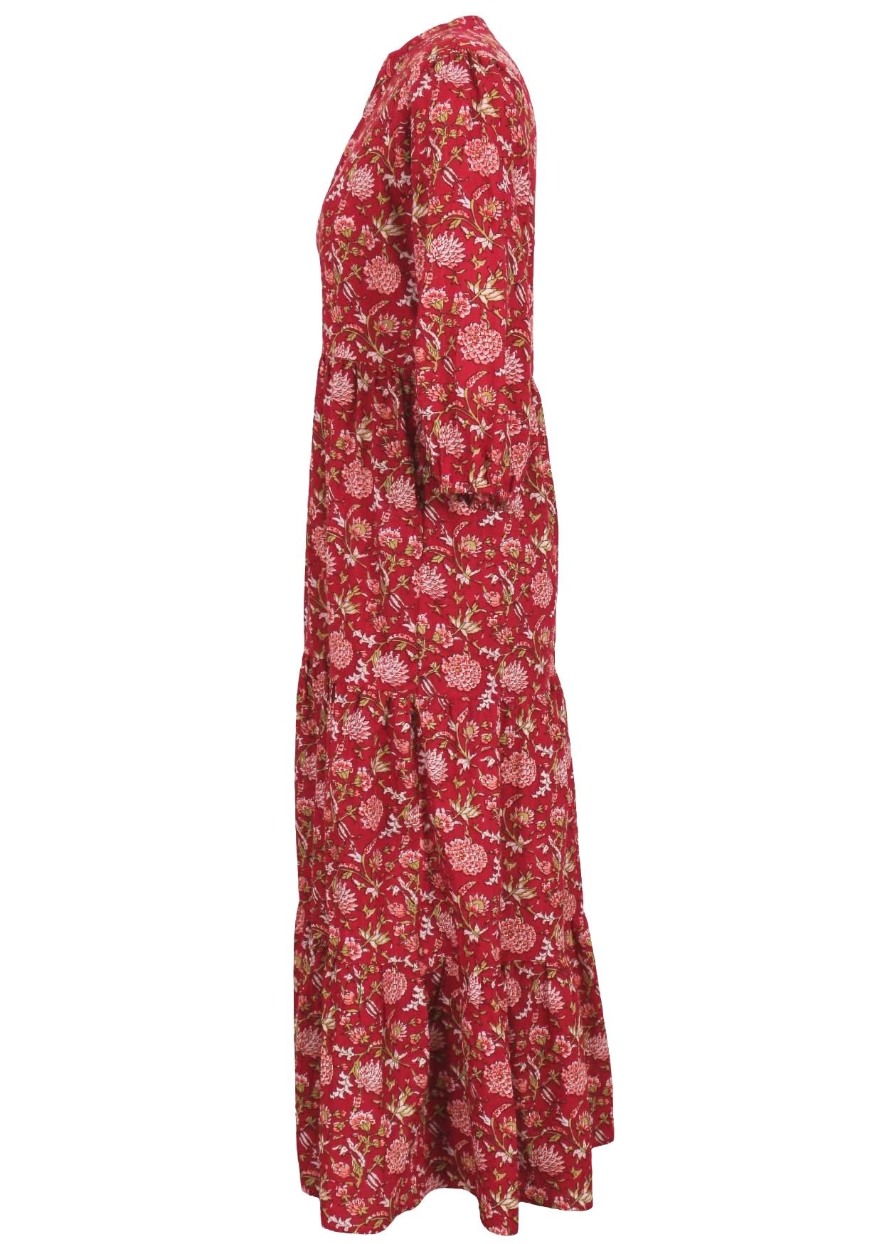 Side mannequin photo of tiered maxi dress with 3/4 sleeves and hidden side pockets