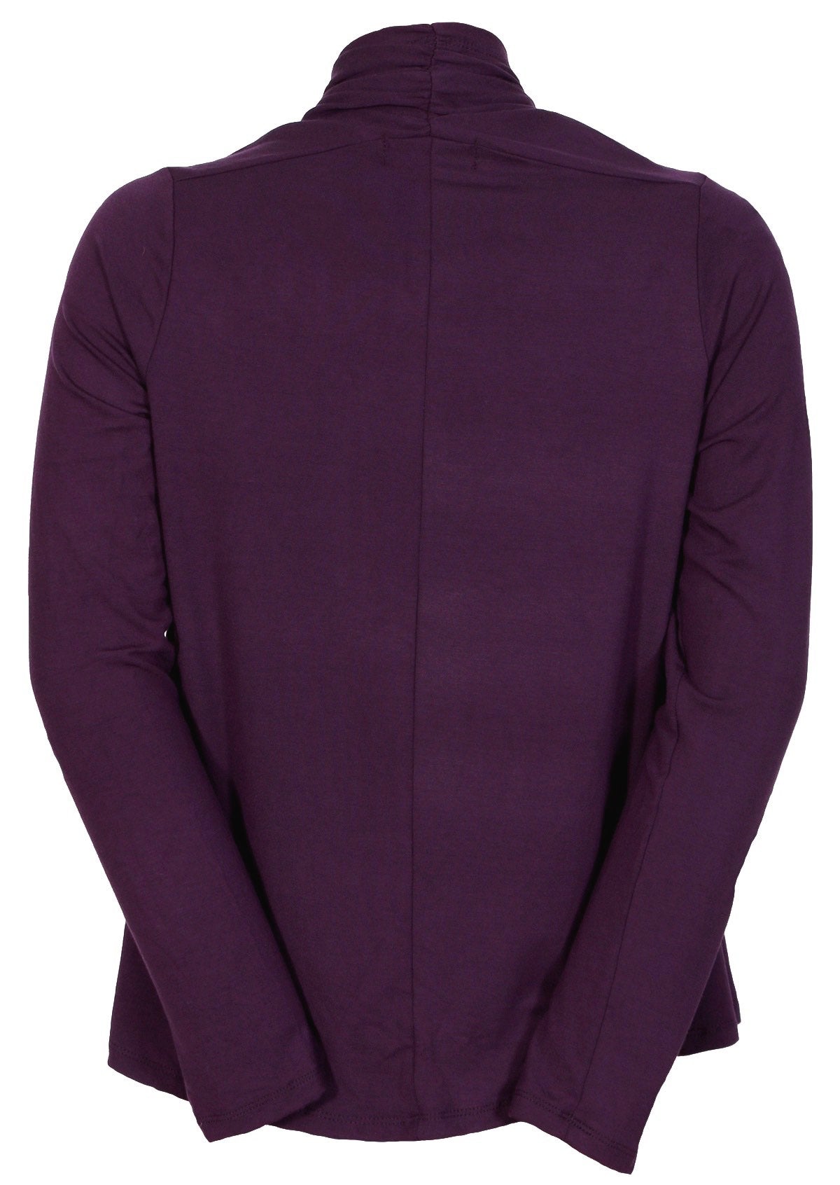 Dark purple long sleeve stretch rayon cardi that has straight hem at the back