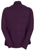 Dark purple long sleeve stretch rayon cardi that has straight hem at the back