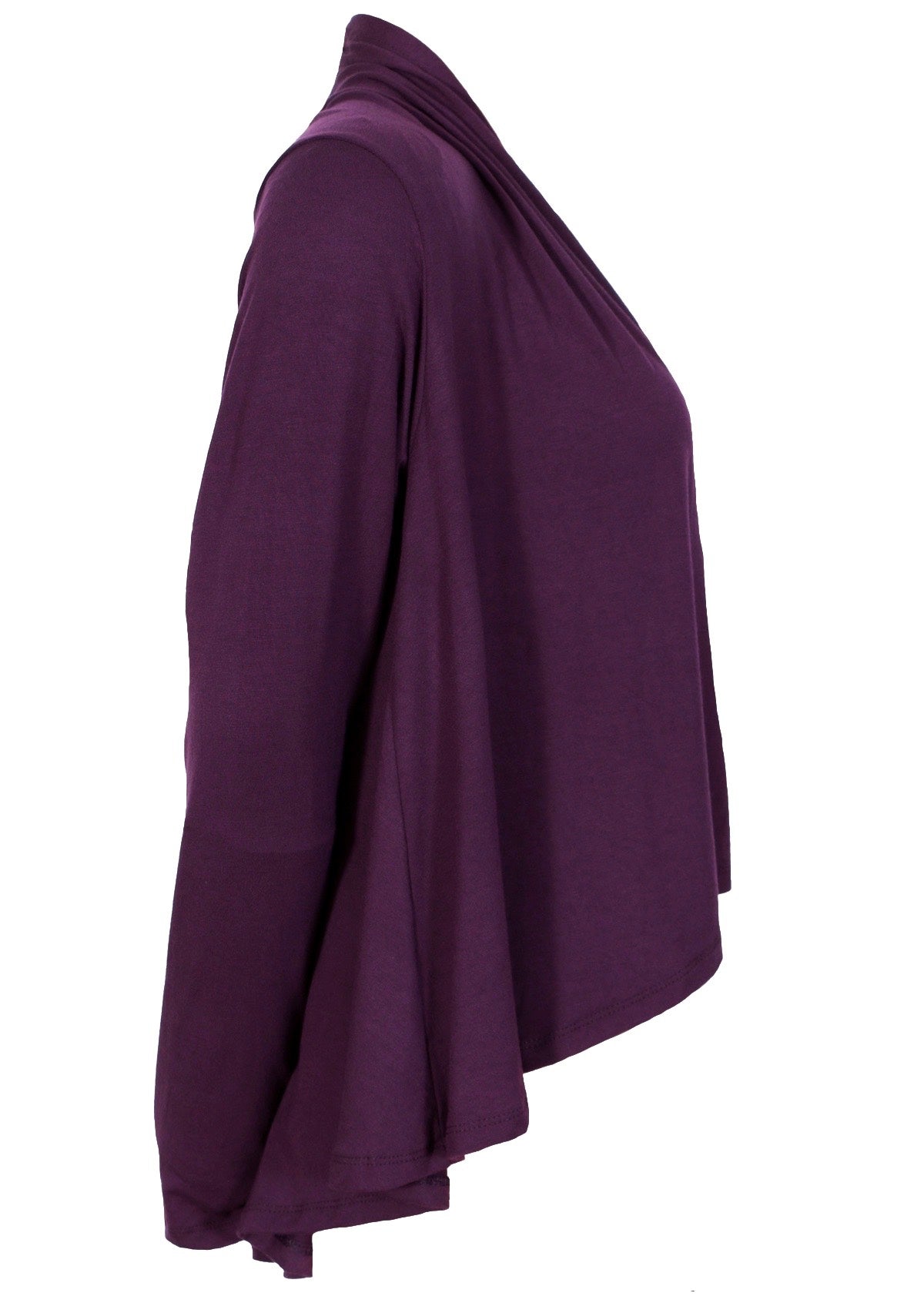 Dark purple long sleeve stretch rayon cardi with waterfall front hem, is longer at the back