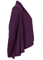 Dark purple long sleeve stretch rayon cardi with waterfall front hem, is longer at the back