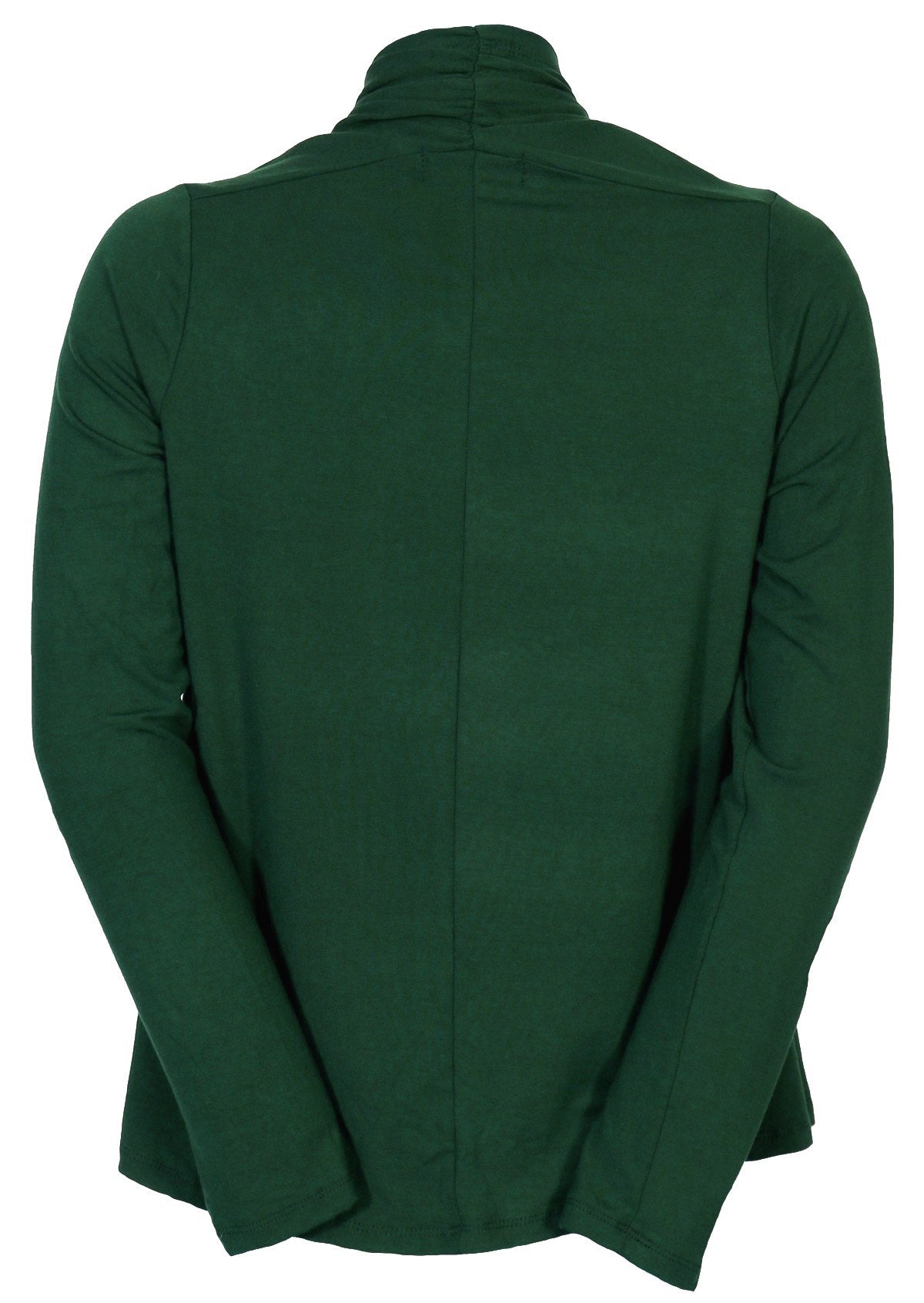 Forest green long sleeve stretch rayon cardi that is longer at the back with a a straight hem