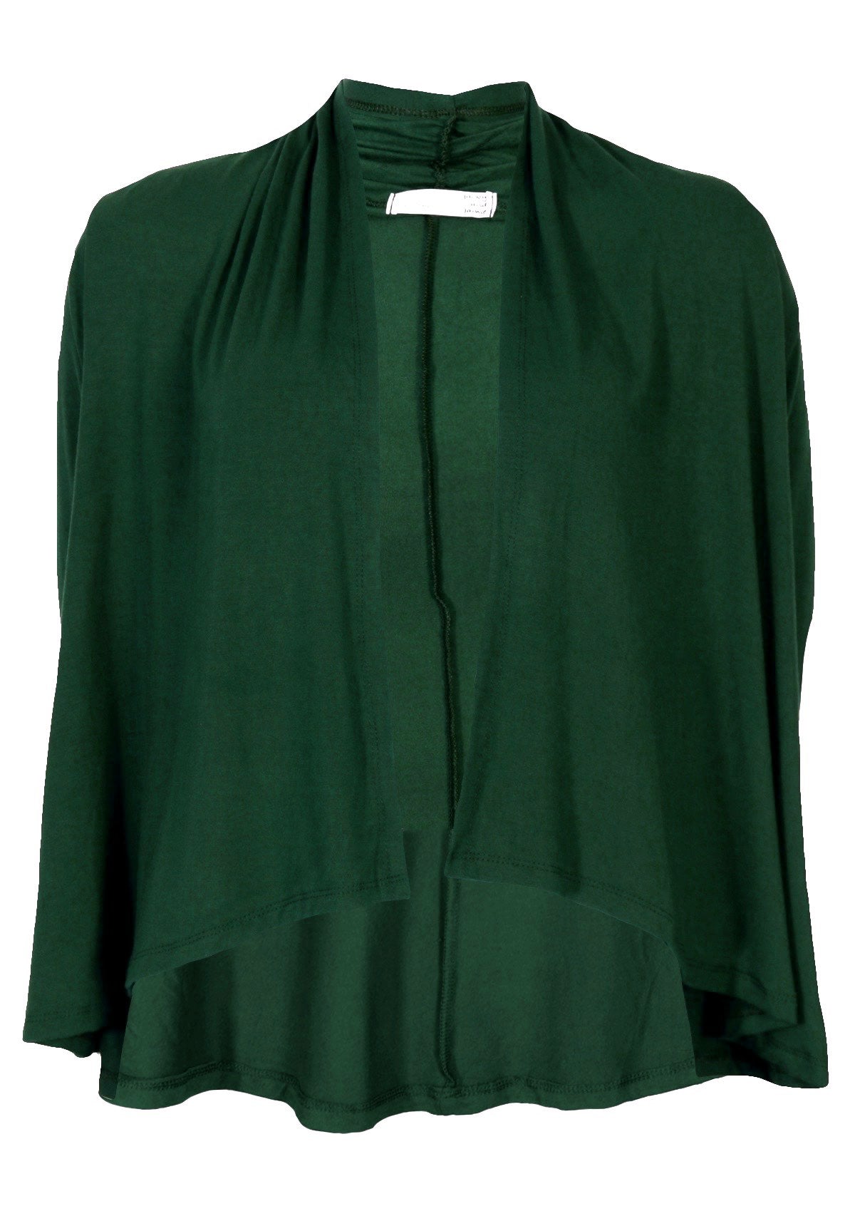 Forest green long sleeve stretch rayon cardi with a waterfall front hem