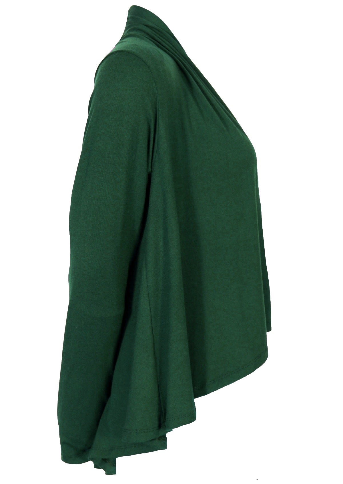 Forest green long sleeve stretch rayon cardi with a waterfall front hem