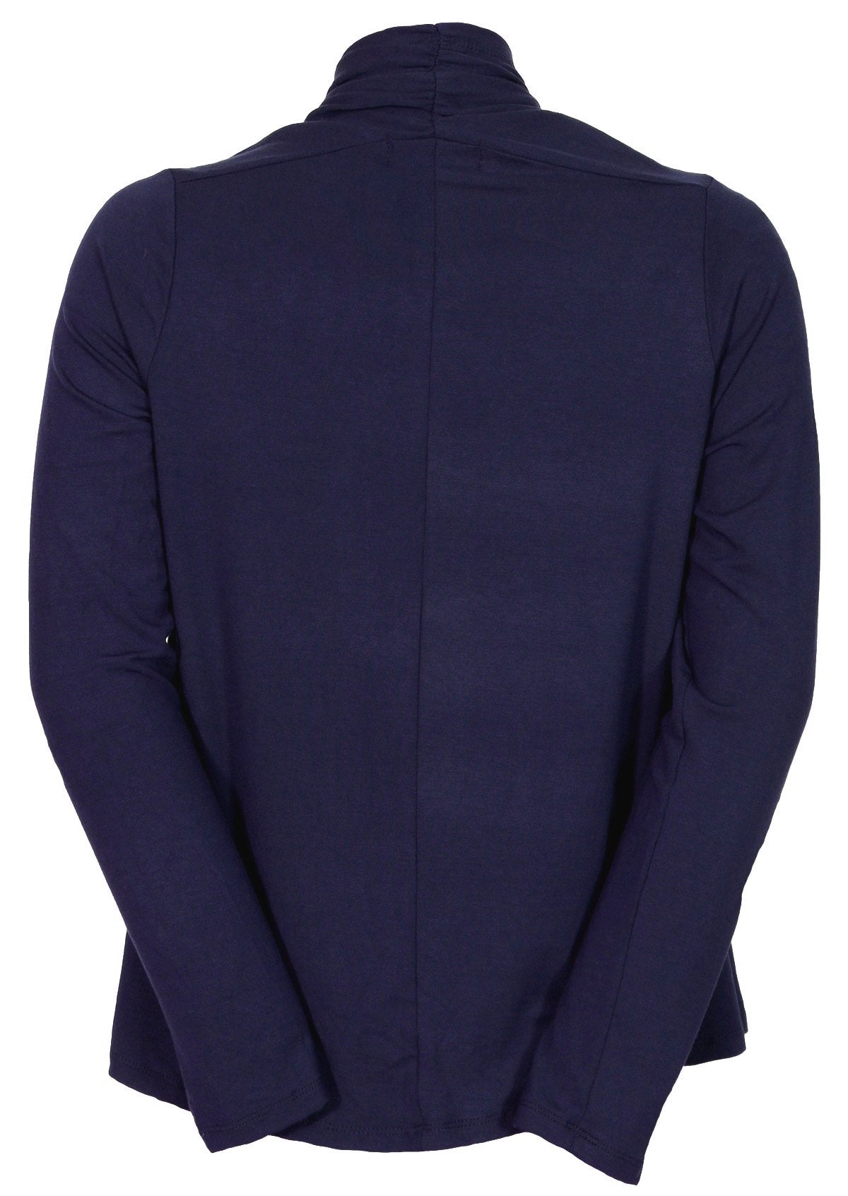 Navy blue long sleeve stretch rayon cardi that has a straight hem at the back