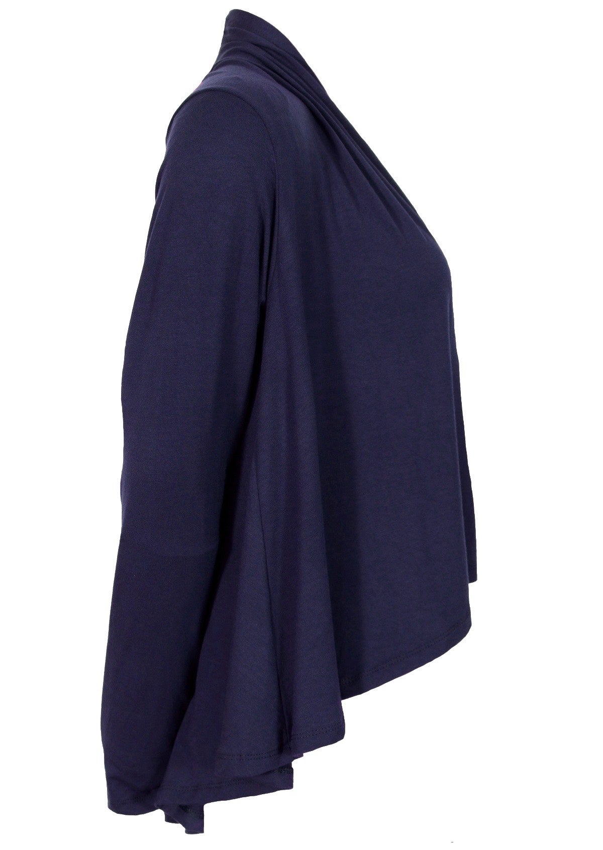 Navy blue long sleeve stretch rayon cardi with waterfall front hem