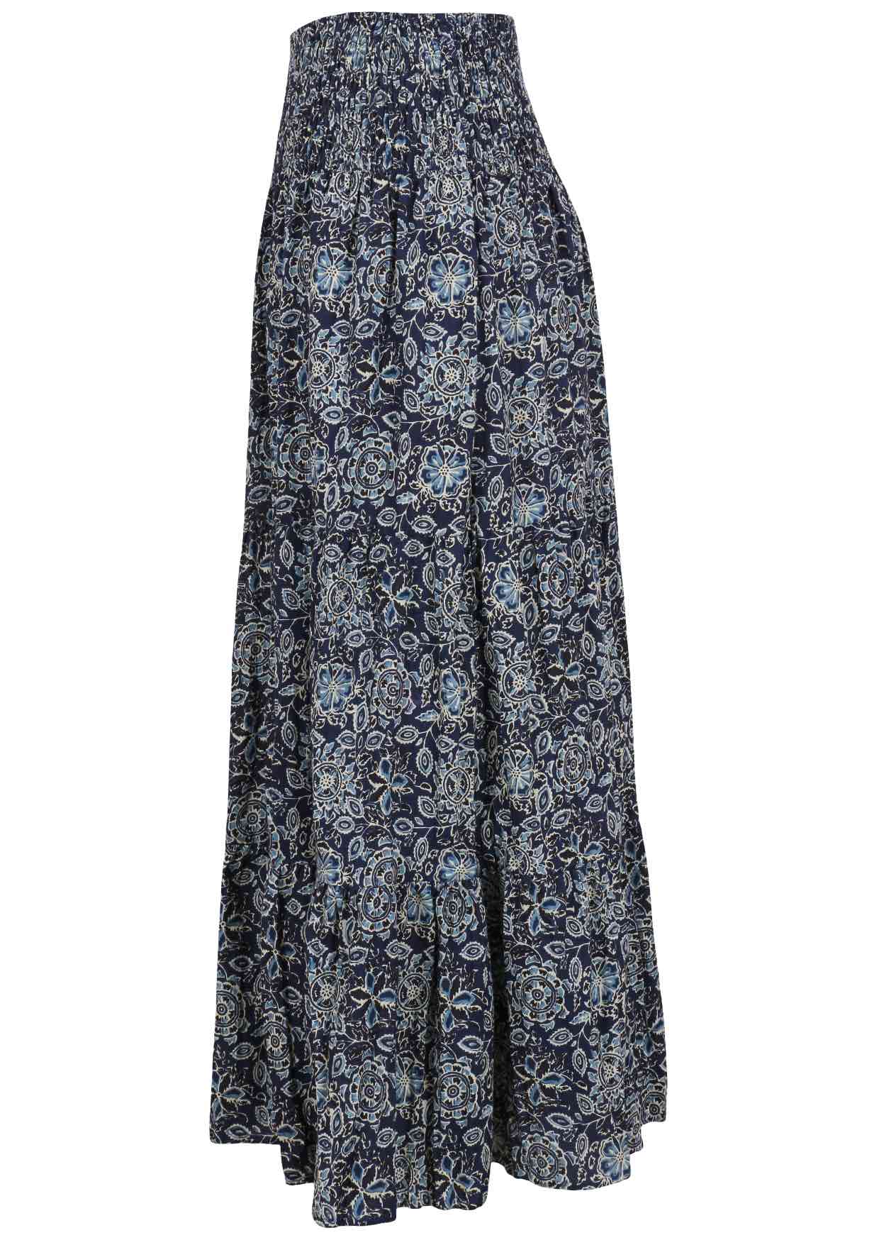 Navy blue based floral print, 100% cotton skirt.