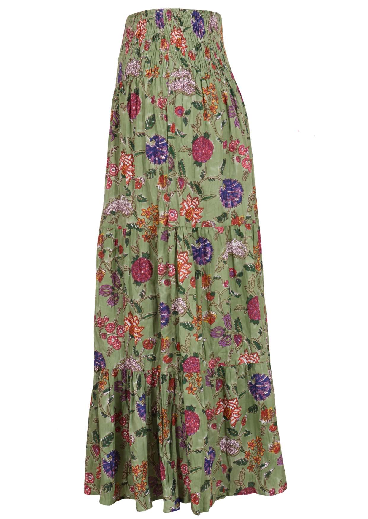 Green based multi-coloured floral print skirt on a white background.