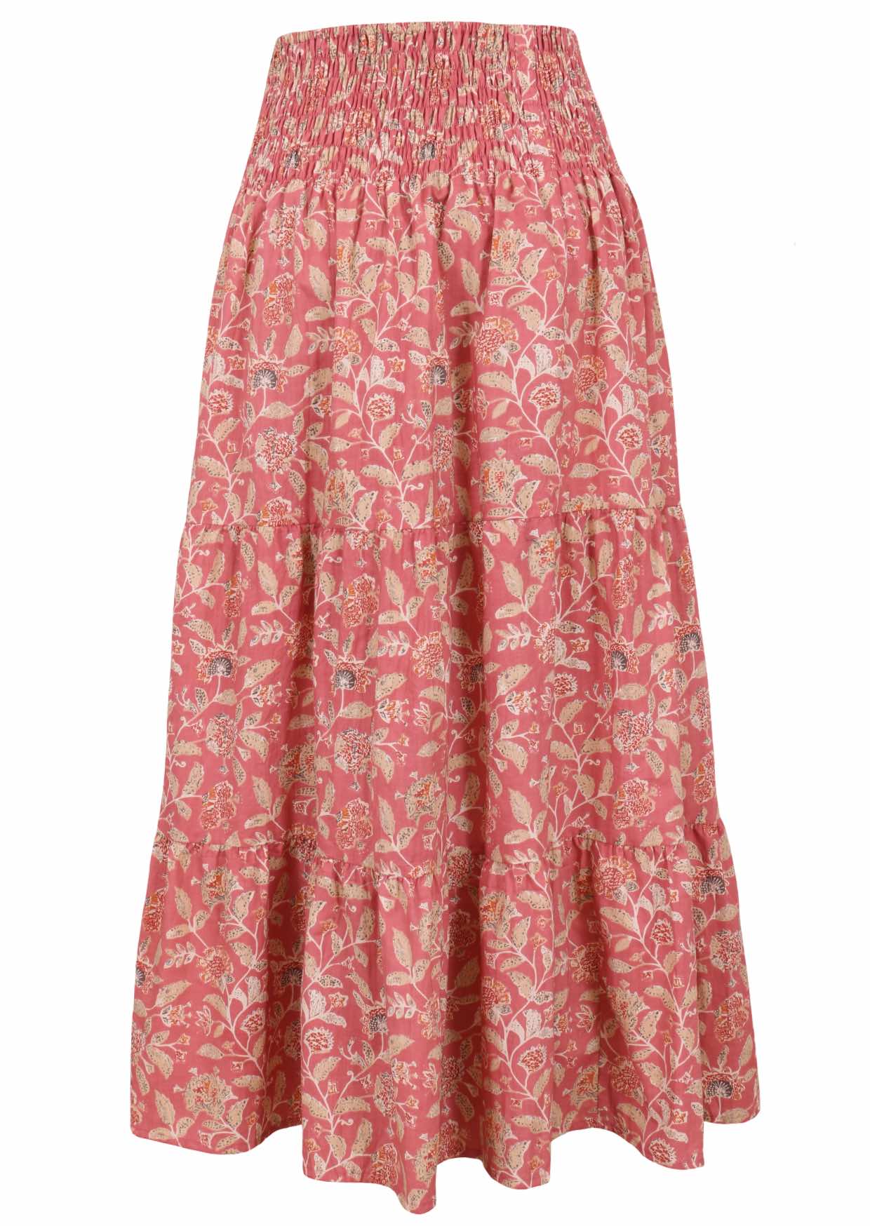 Rose pink based vintage style floral print skirt on a white background.