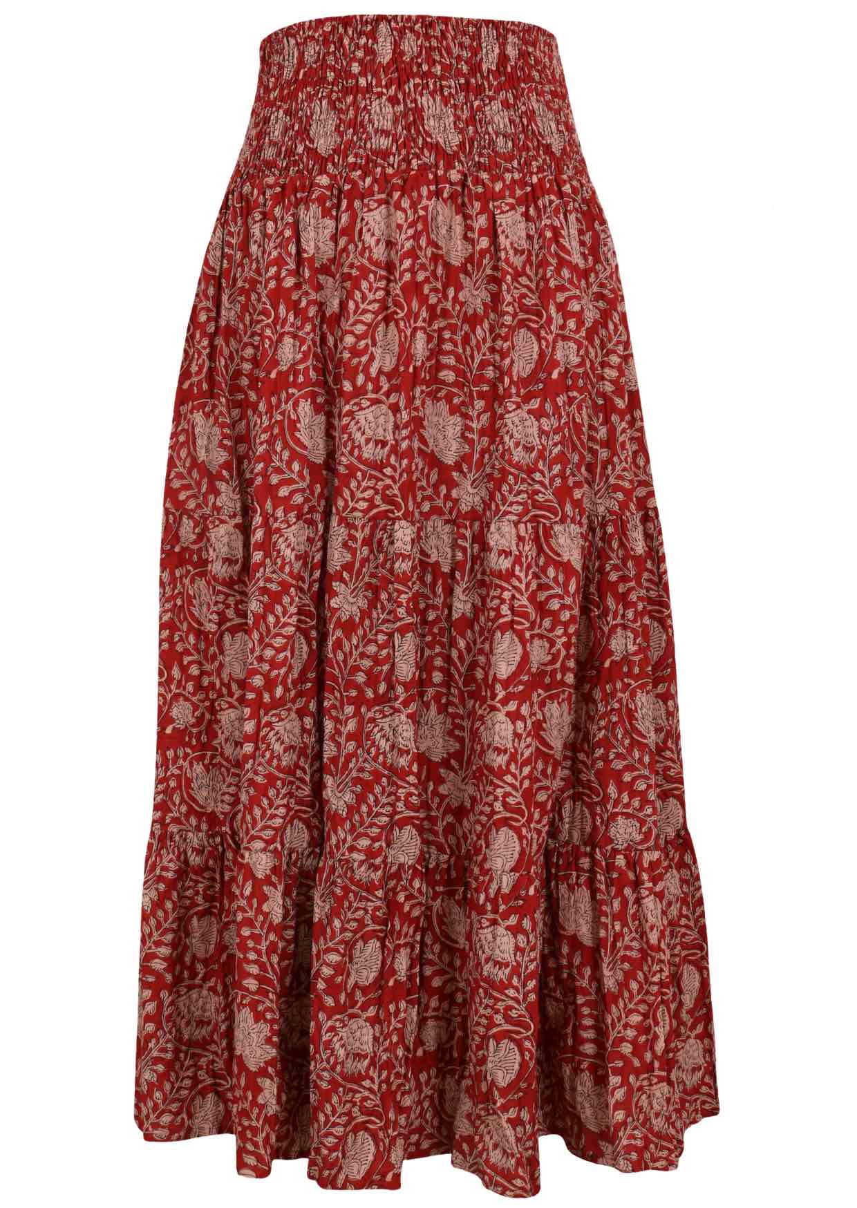 Front view of floral patterned cotton skirt on a red base floral print with elasticised waistband.