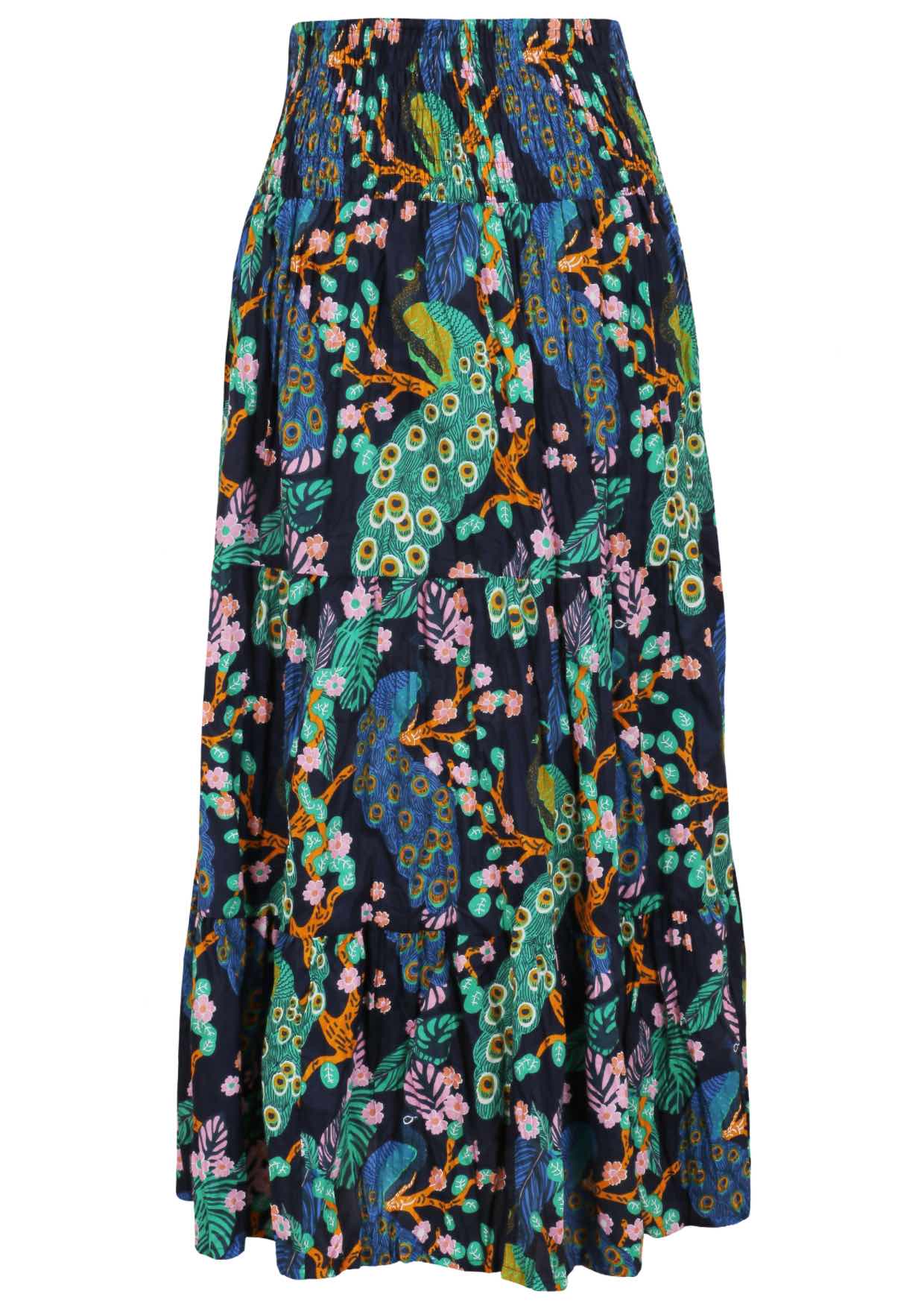 Floral patterned cotton skirt on a navy blue base floral print with elasticised waistband.