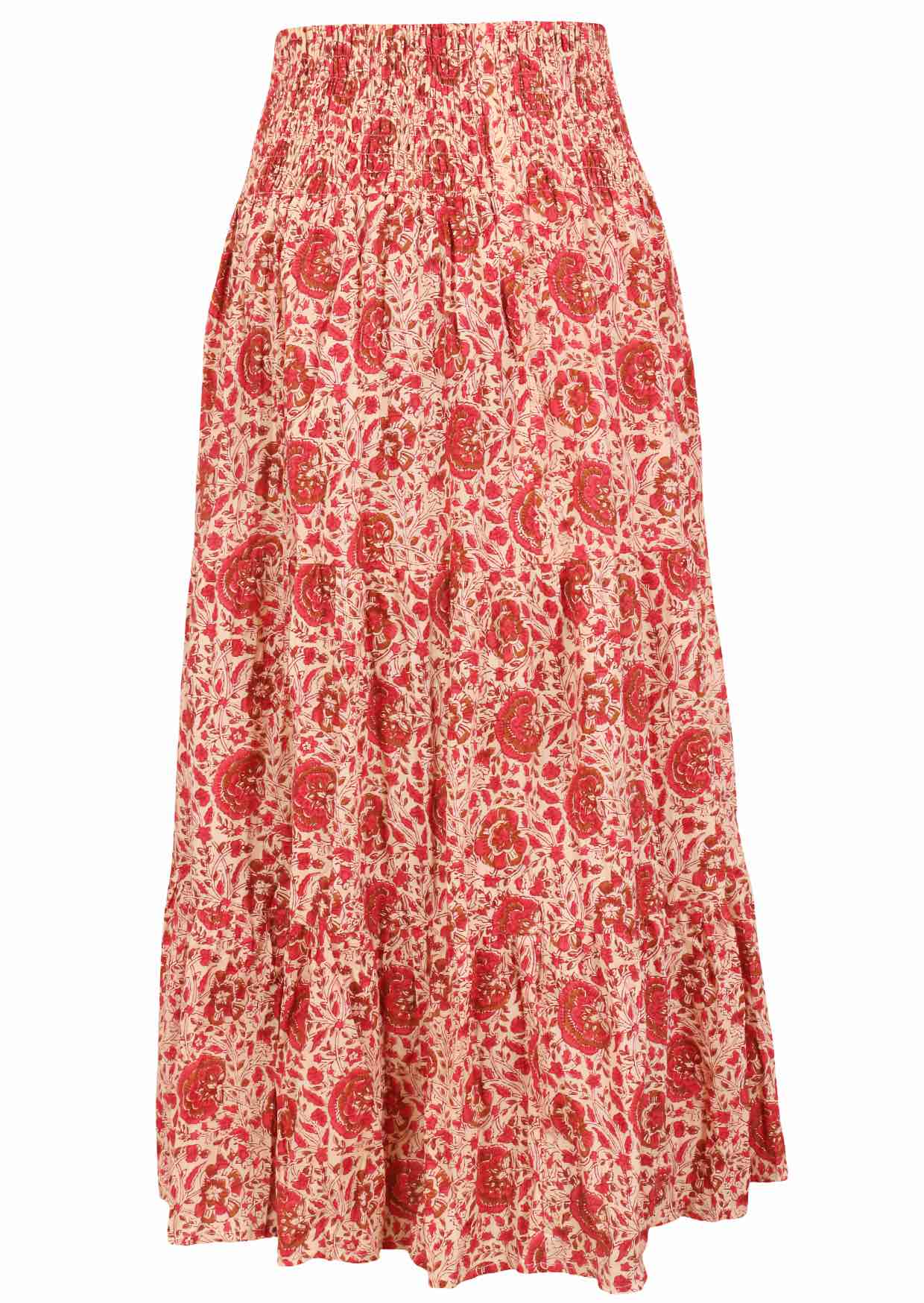 cream based warm floral print skirt on a white background.