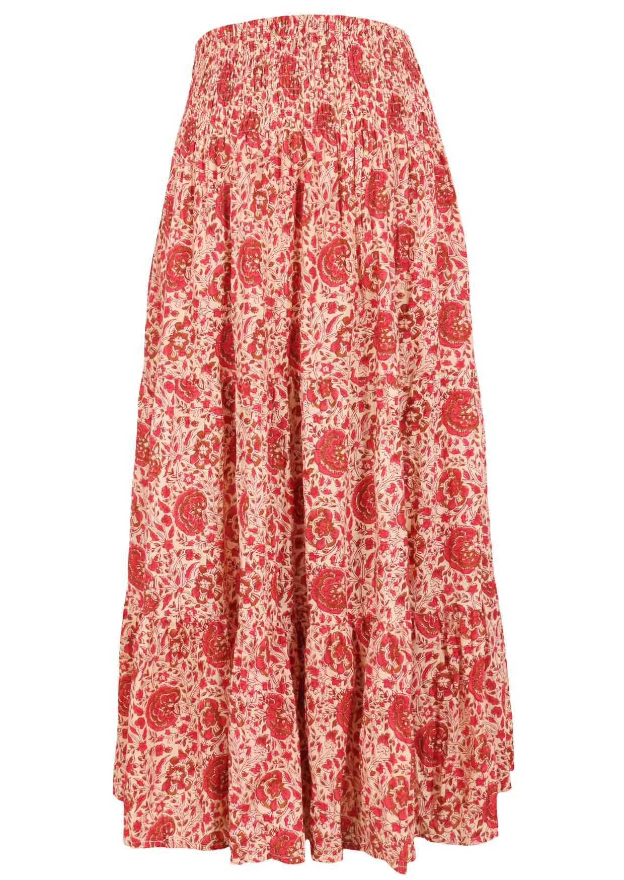 Floral patterned cotton skirt on a cream base floral print with elasticised waistband.
