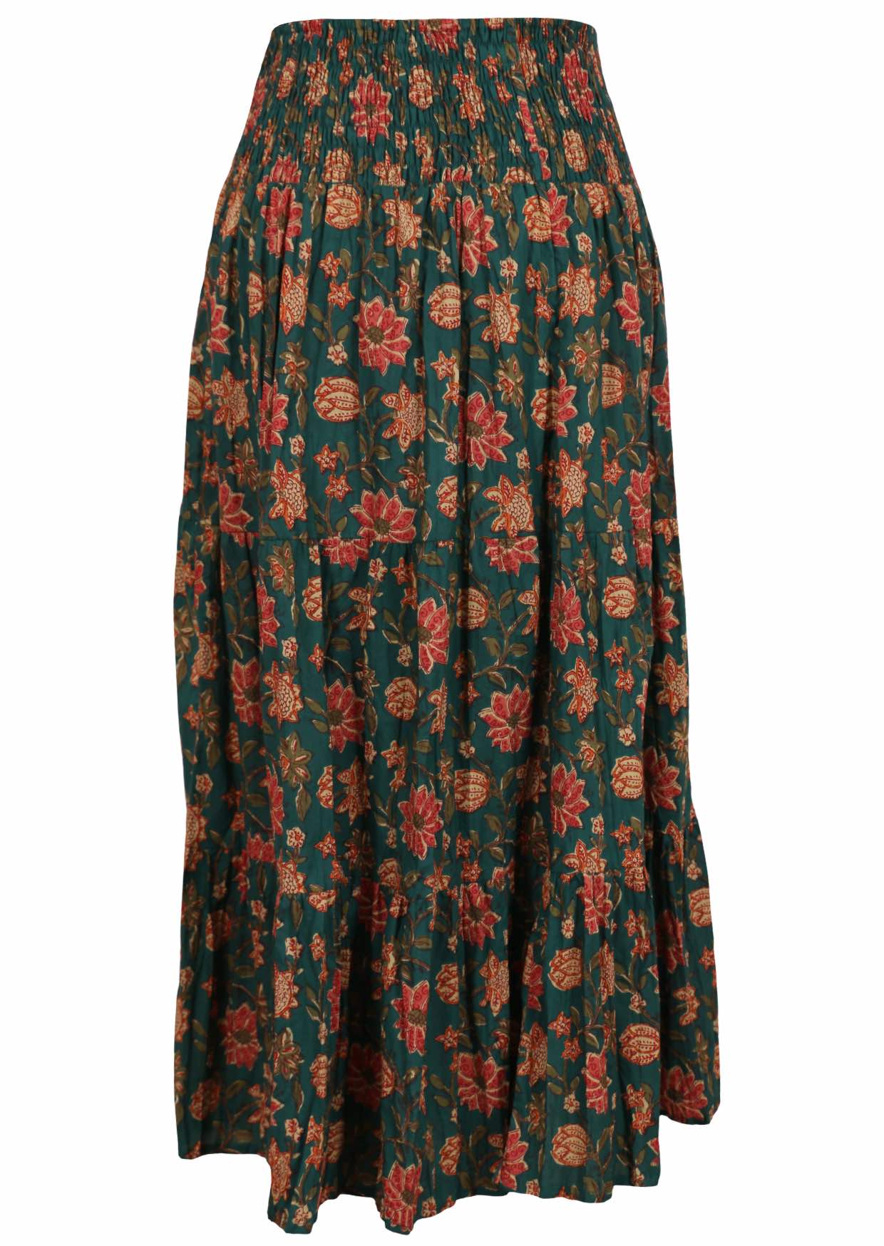 Back image of floral printed maxi skirt with wide shirred waistband and 3 tiers.