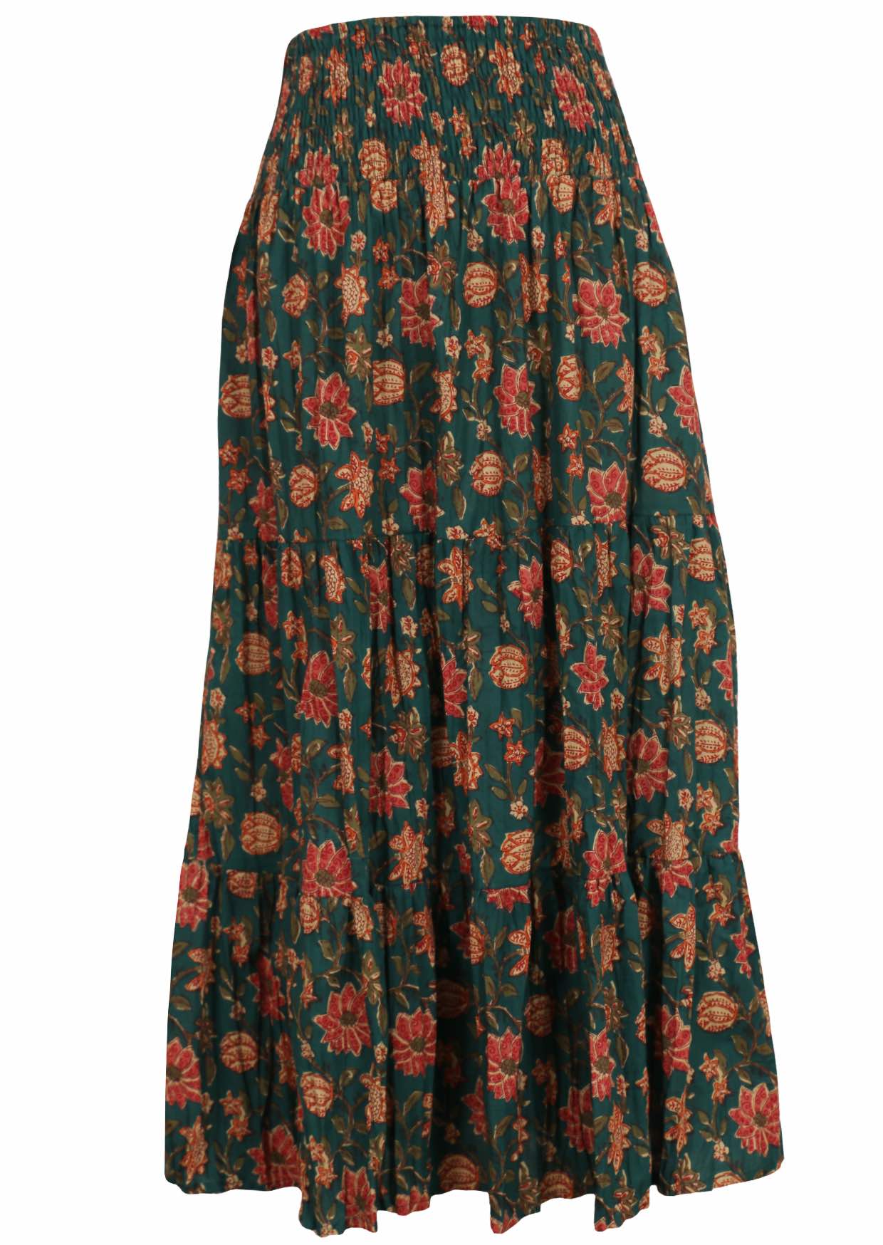 100% cotton maxi skirt with 3 tiers and extra wide shirred waistband.