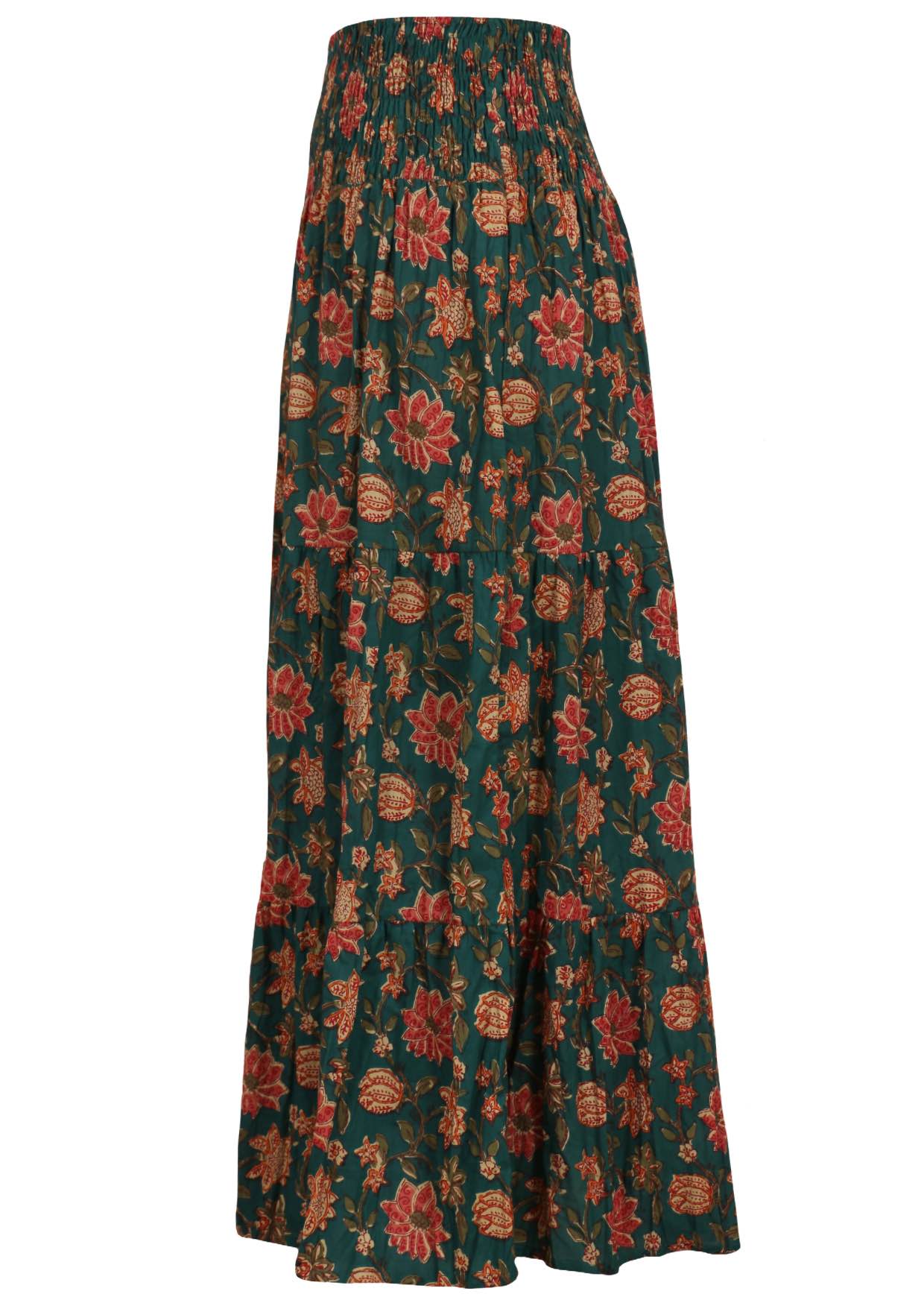 Lightweight cotton maxi skirt with bright floral print on dark green base
