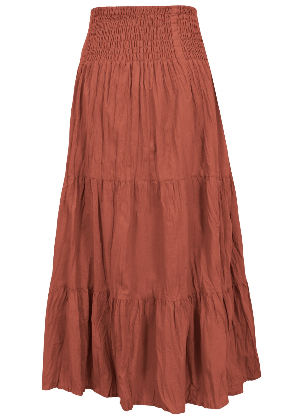 Lightweight three tiered cotton maxi skirt in rust orange with shirred waistband