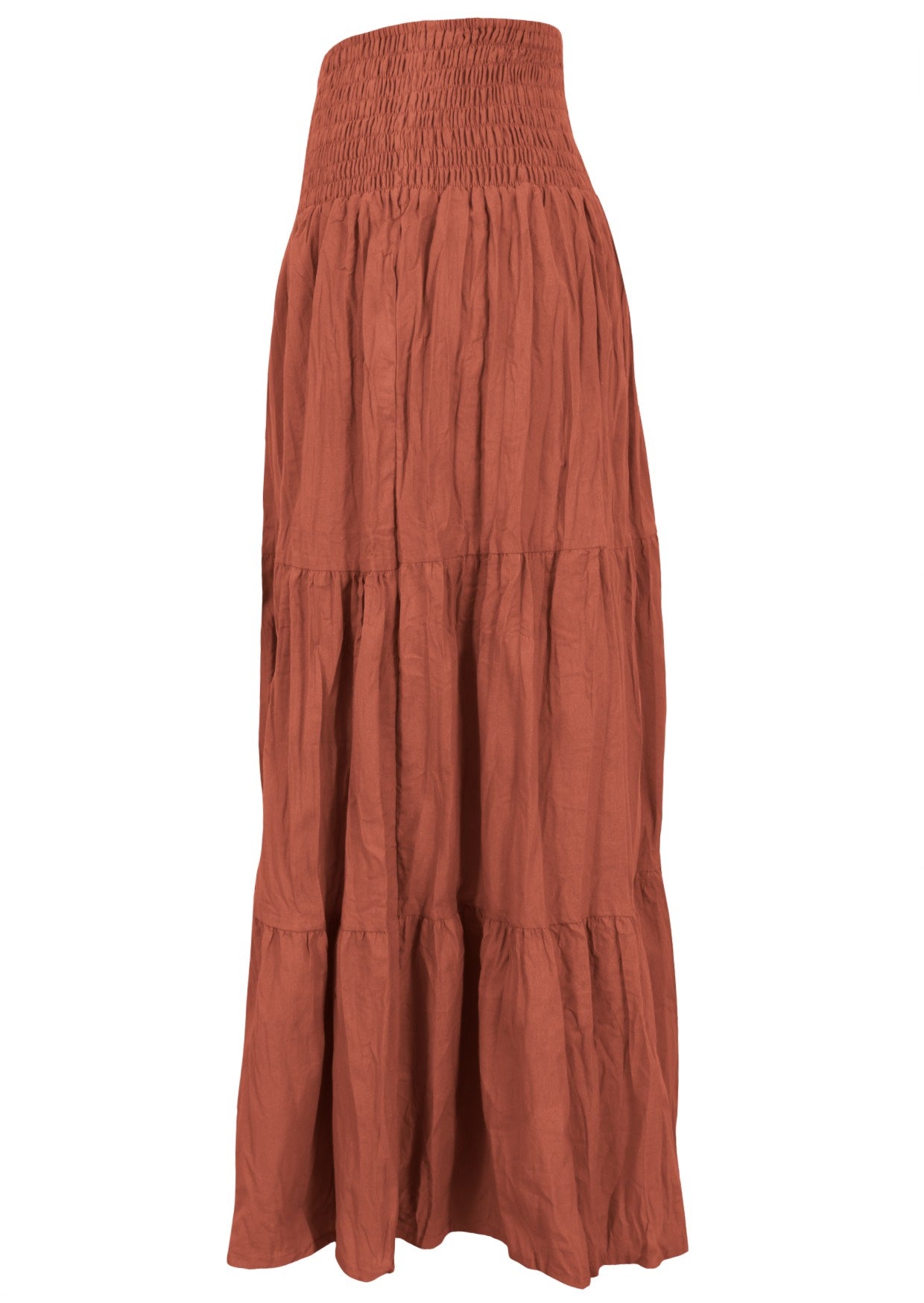 100% cotton long rust colored flowy skirt with tiered layers and elasticated wide waistband