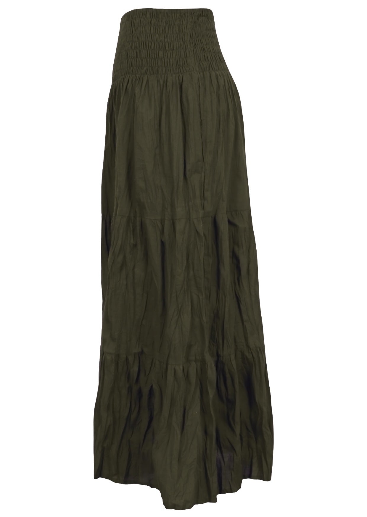 Side view of long cotton skirt in olive green featuring 3 tiered style and shirring across the waist.