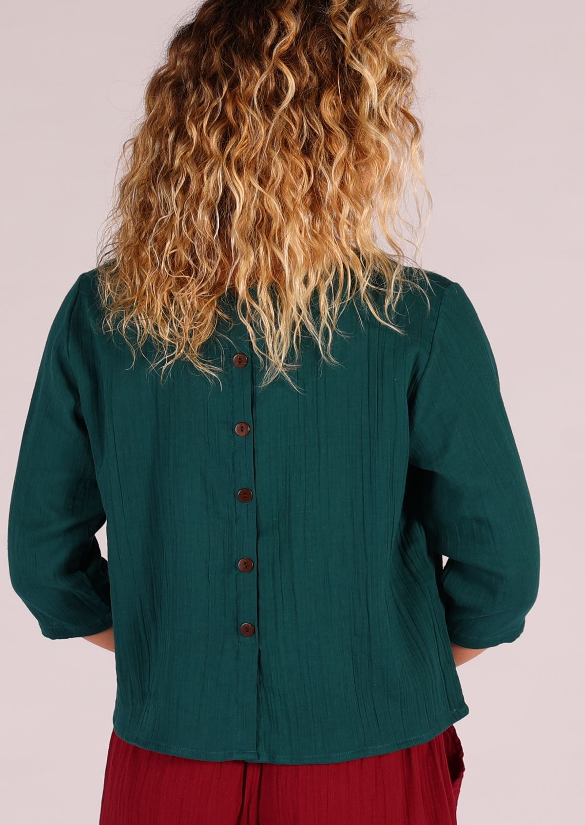 Double cotton top in deep teal with decorative buttons centre back
