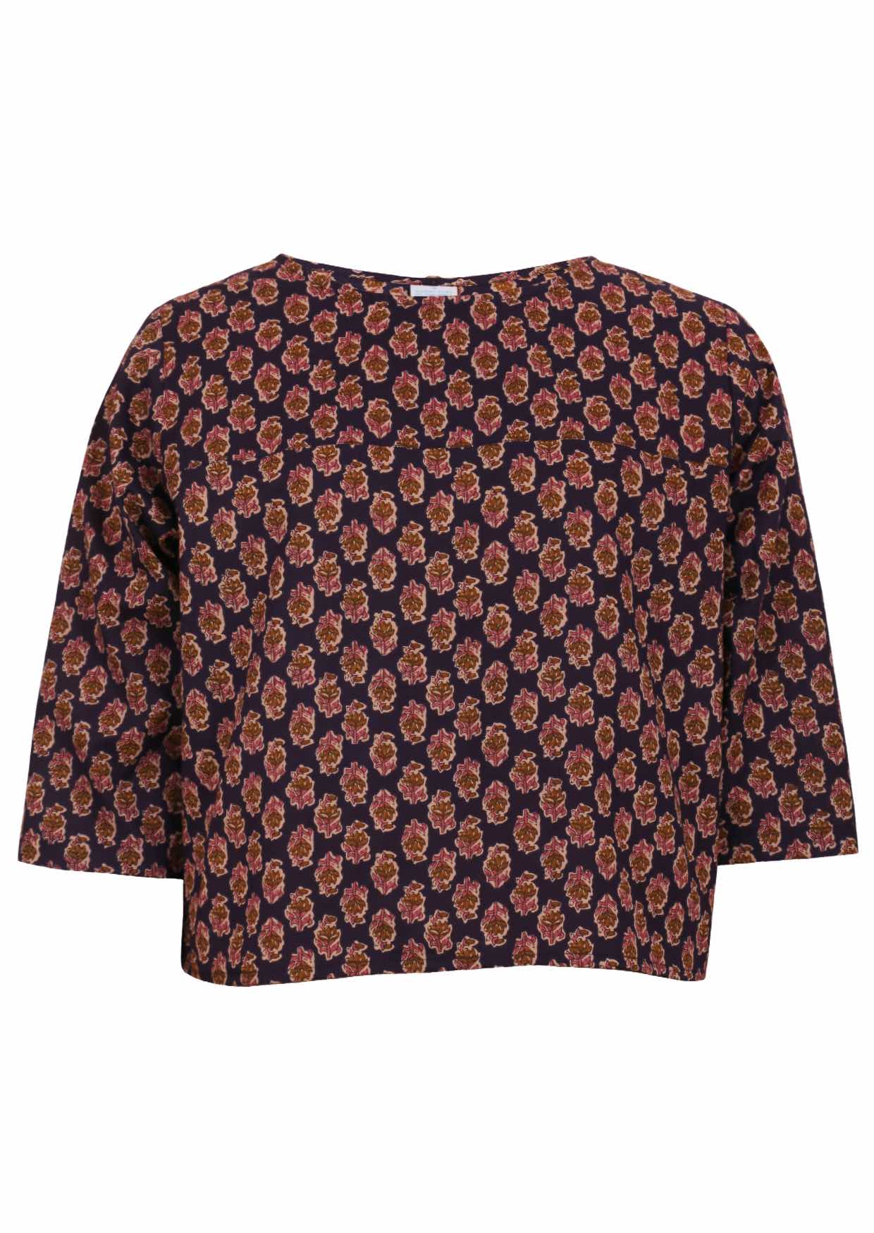 Image of a 100% cotton 3/4 sleeve boxy top in dark purple based floral pattern.