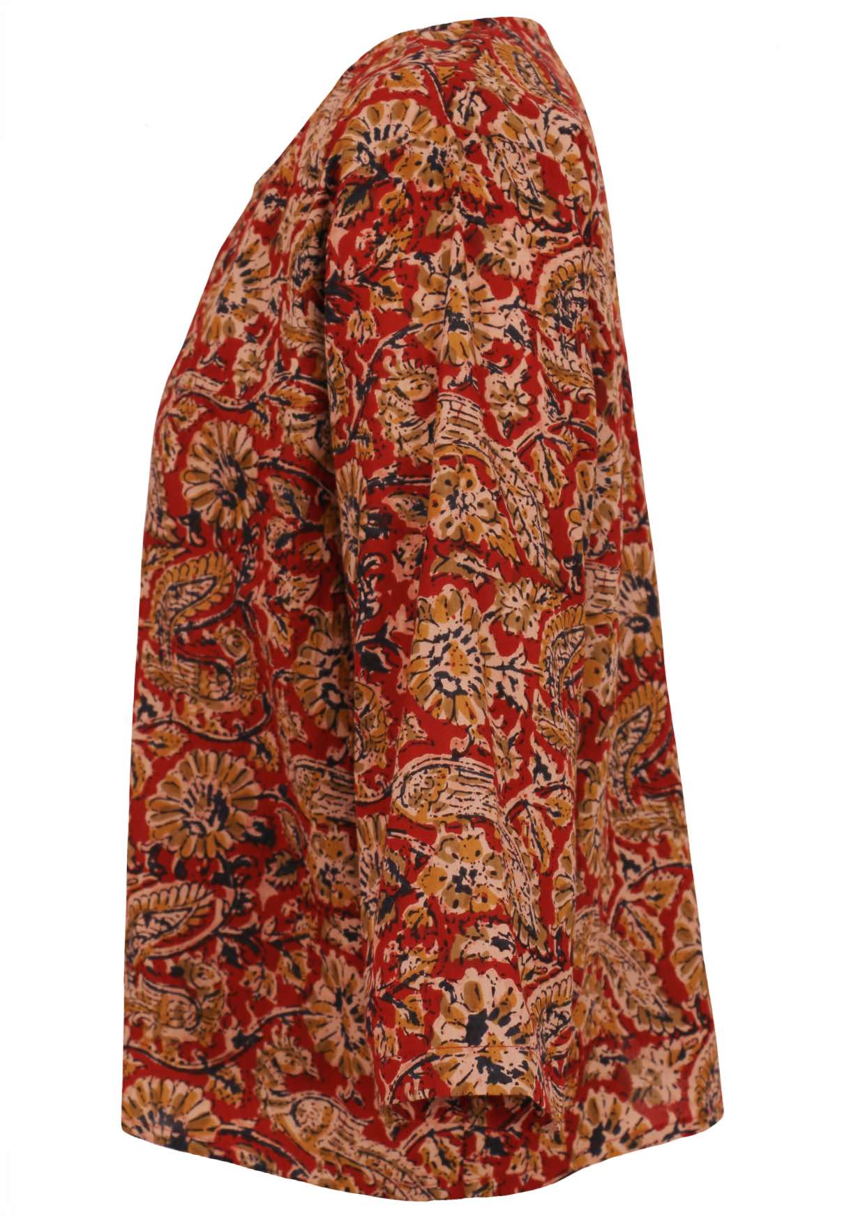 Side view of 3/4 sleeved boxy cotton top in Indian floral print on red base.