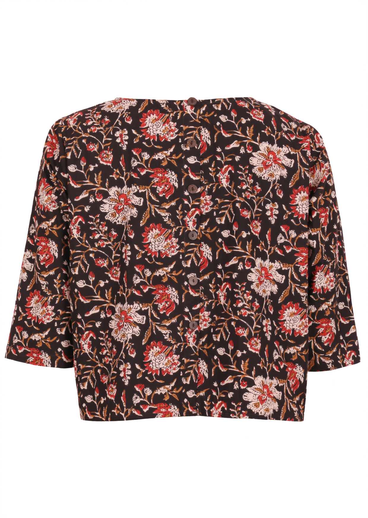 Loose fit, boxy cotton top with 3/4 sleeves and decorative buttons down at the center of the back.