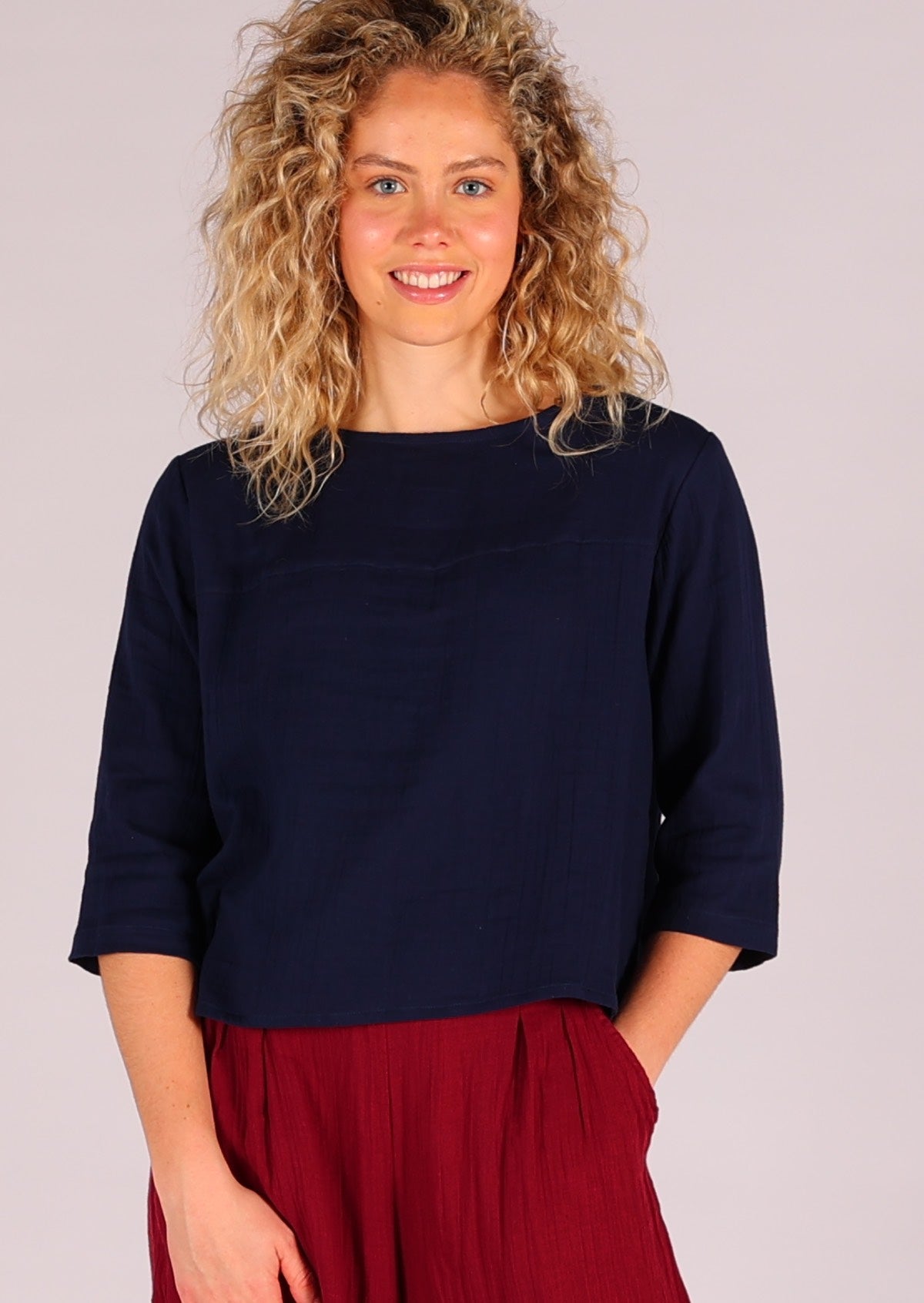 Double cotton top with 3/4 sleeves and high round neckline