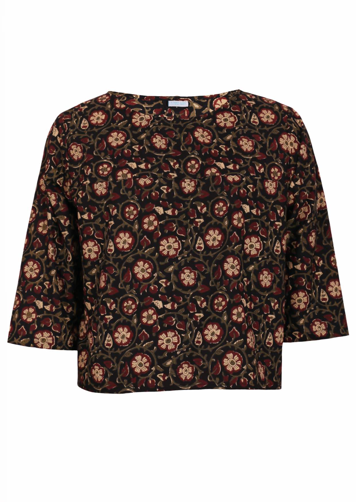 100% cotton 3/4 sleeve boxy top with beautiful maroon, cream and olive florals on black base.