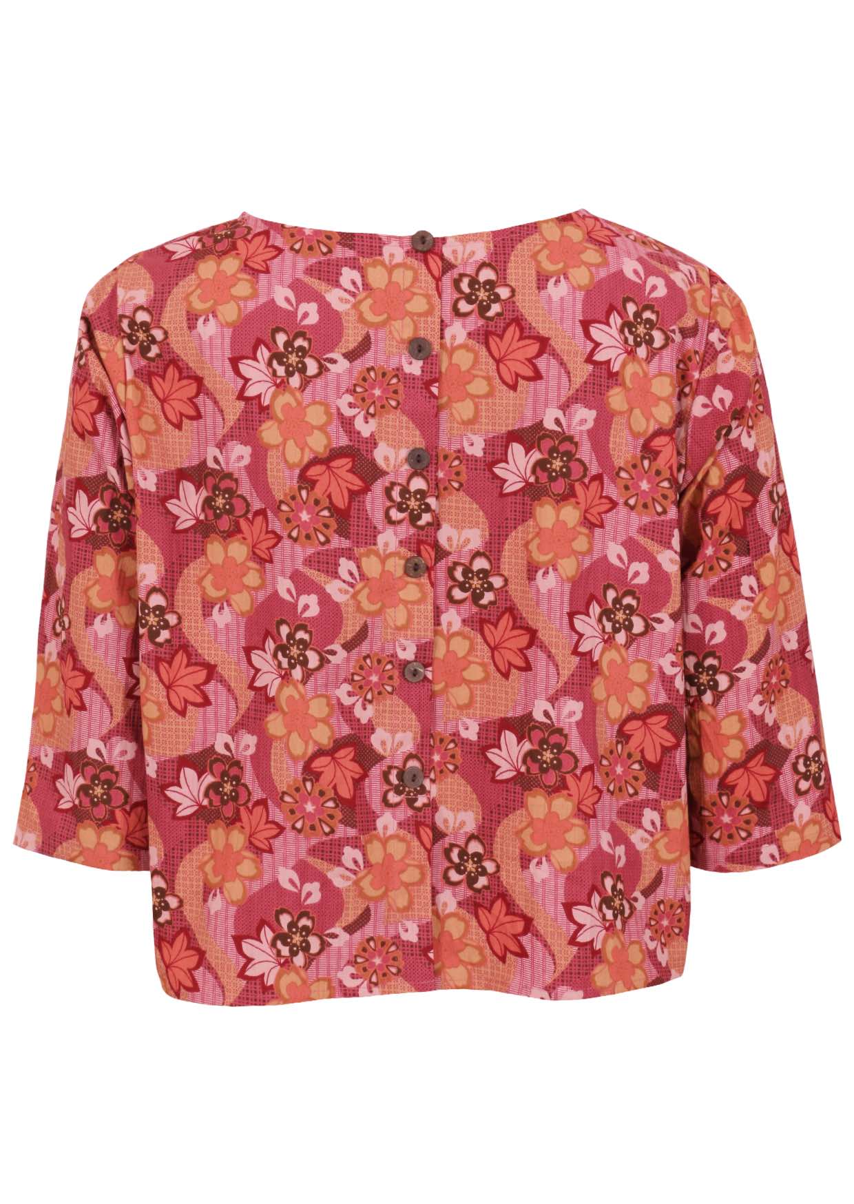 Japanese-style print cotton top in pink, maroon, brown, peach, and khaki tones with buttons down the back.